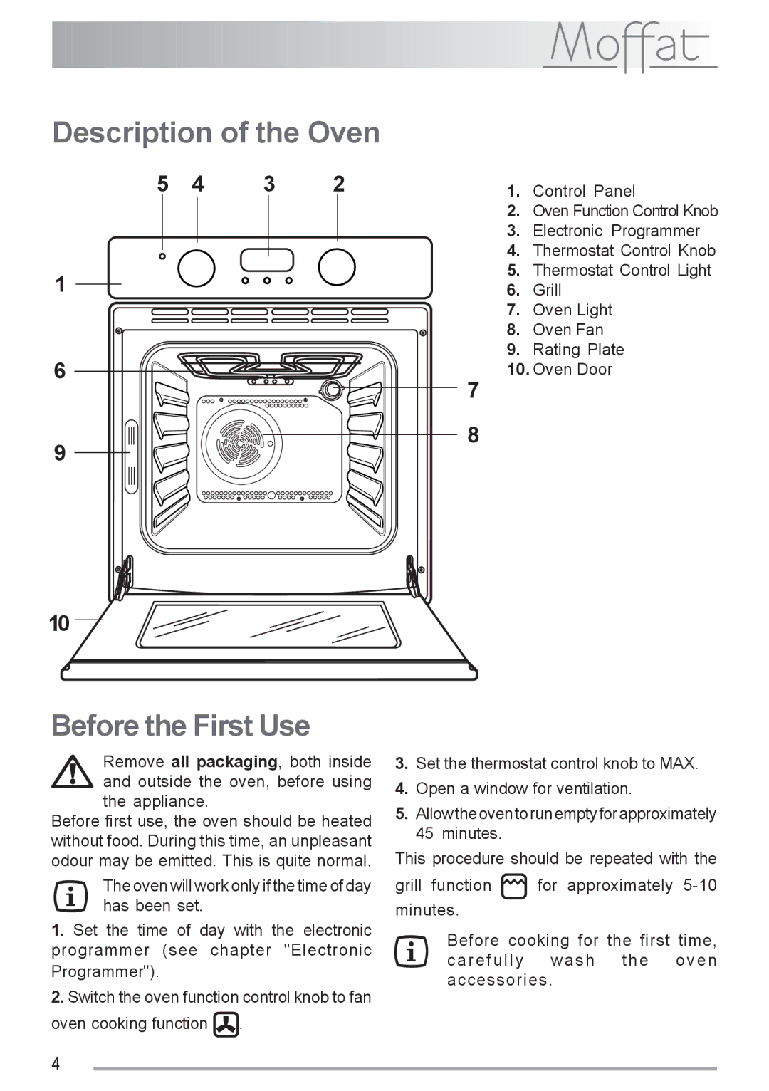 Moffat MSF 616 manual Description of the Oven, Before the First Use 