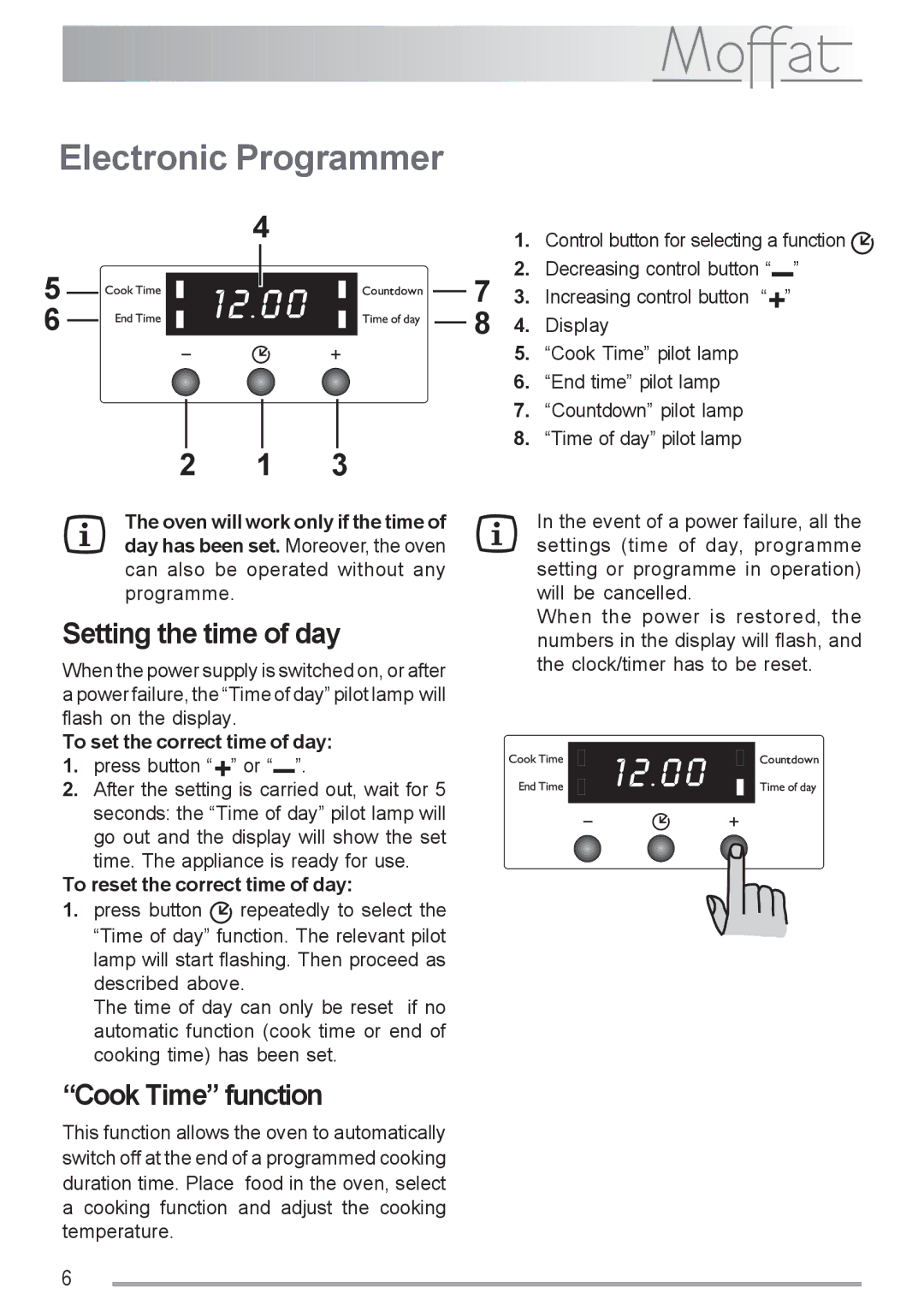 Moffat MSF 616 manual Electronic Programmer, Setting the time of day, Cook Time function 