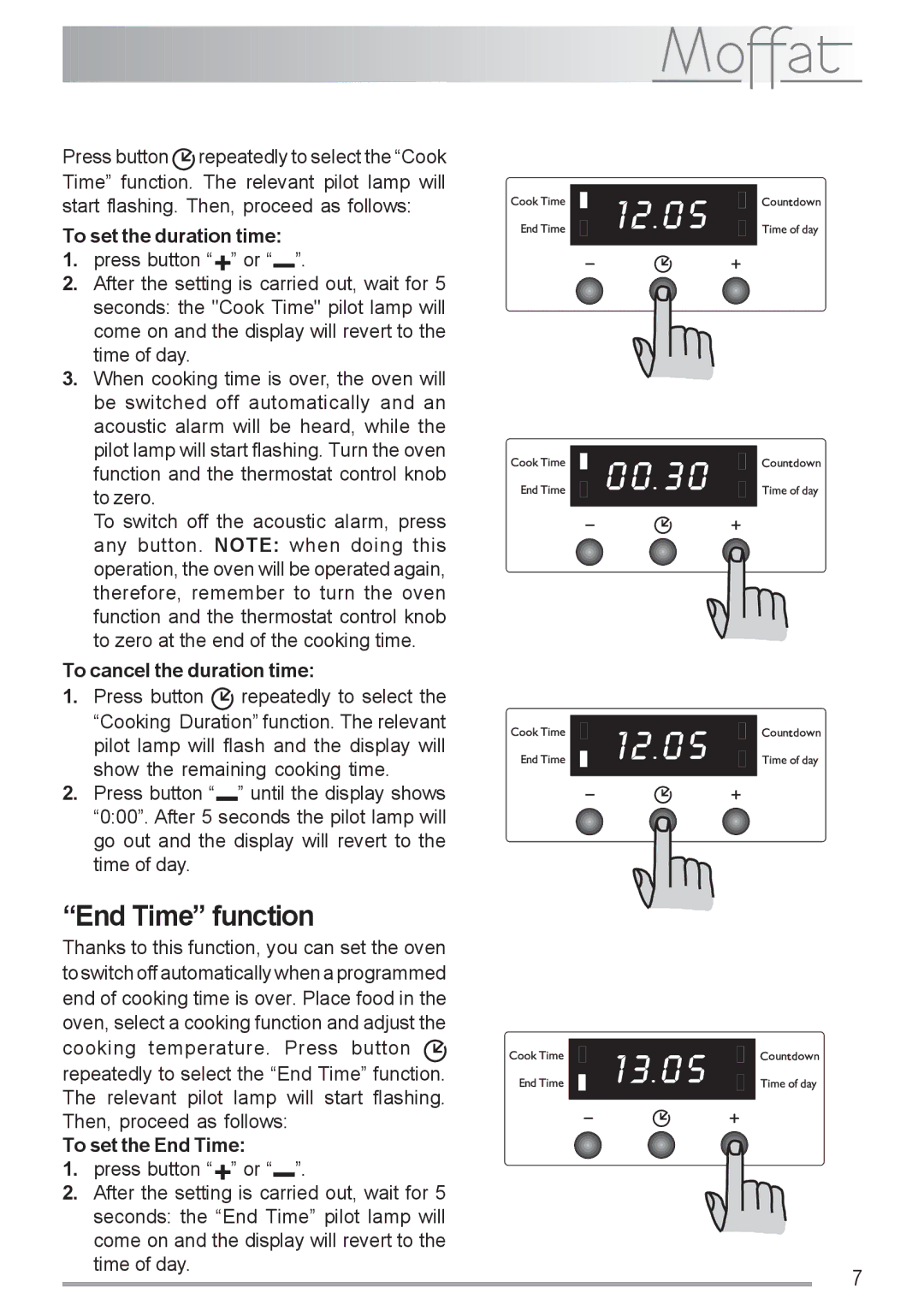 Moffat MSF 616 manual End Time function, To set the duration time, To cancel the duration time, To set the End Time 