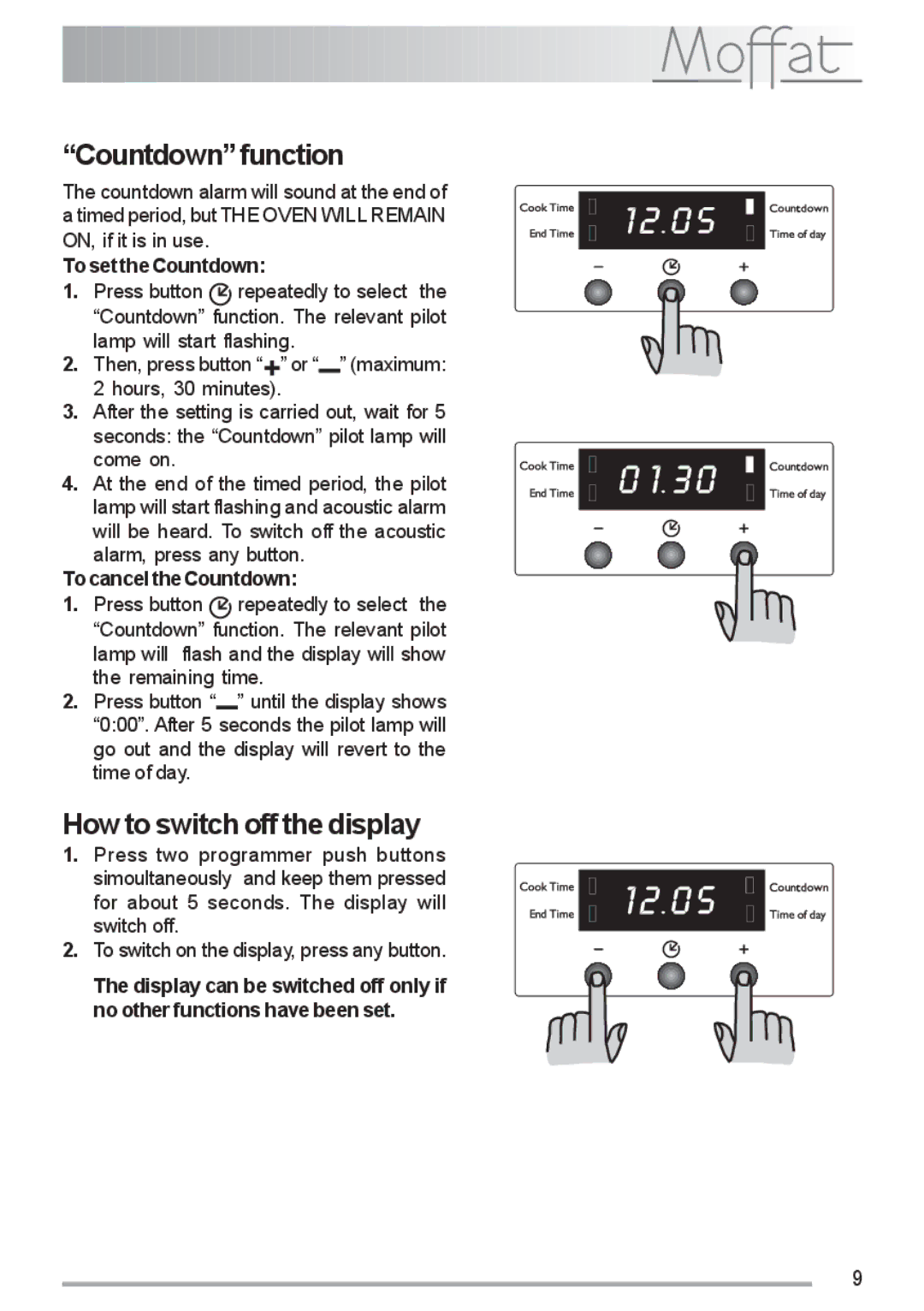 Moffat MSF 616 manual Countdown function, How to switch off the display, To set the Countdown, To cancel the Countdown 