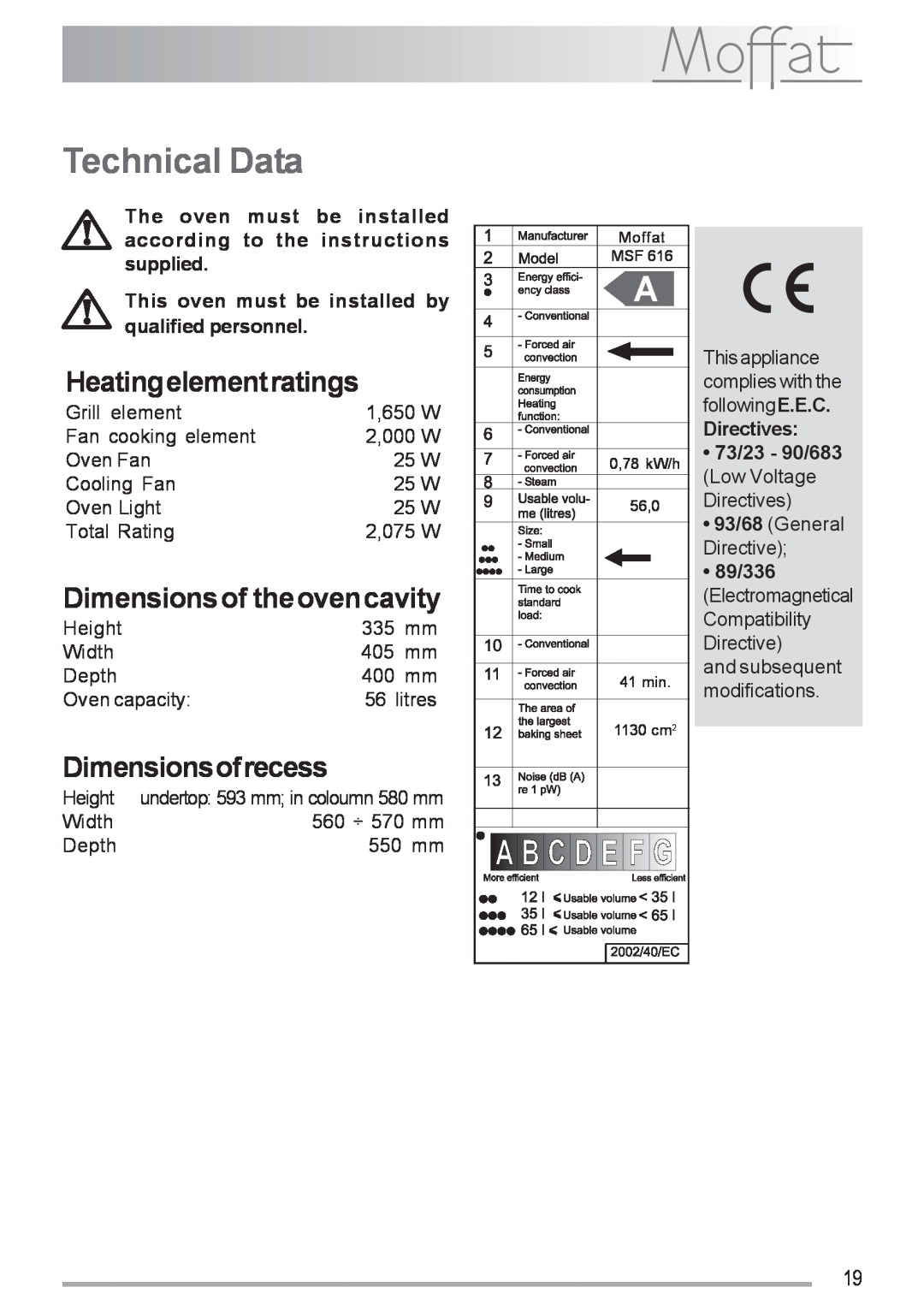 Moffat MSF 616 manual Technical Data, Heatingelementratings, Dimensionsof theovencavity, Dimensionsofrecess, 89/336 
