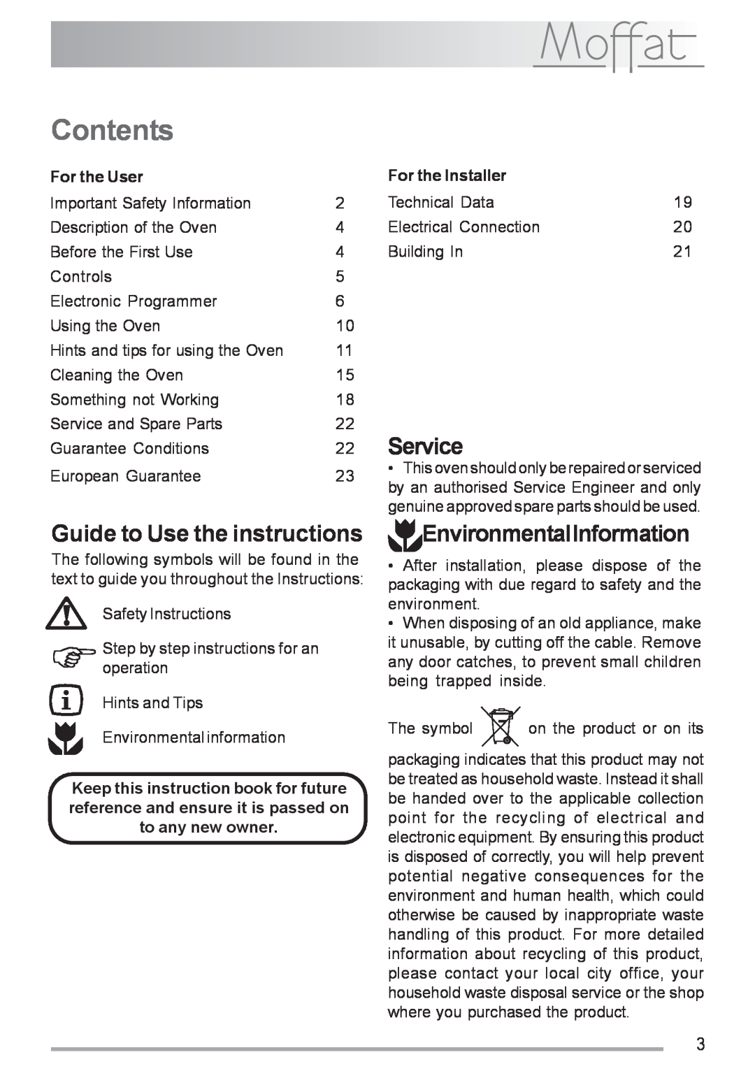 Moffat MSF 616 Contents, Service, Guide to Use the instructions, EnvironmentalInformation, For the User, For the Installer 