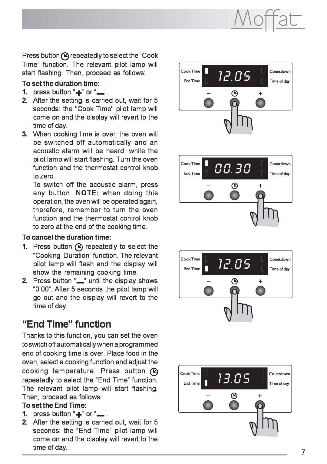 Moffat MSF 616 manual “End Time” function, To set the duration time, To cancel the duration time, To set the End Time 