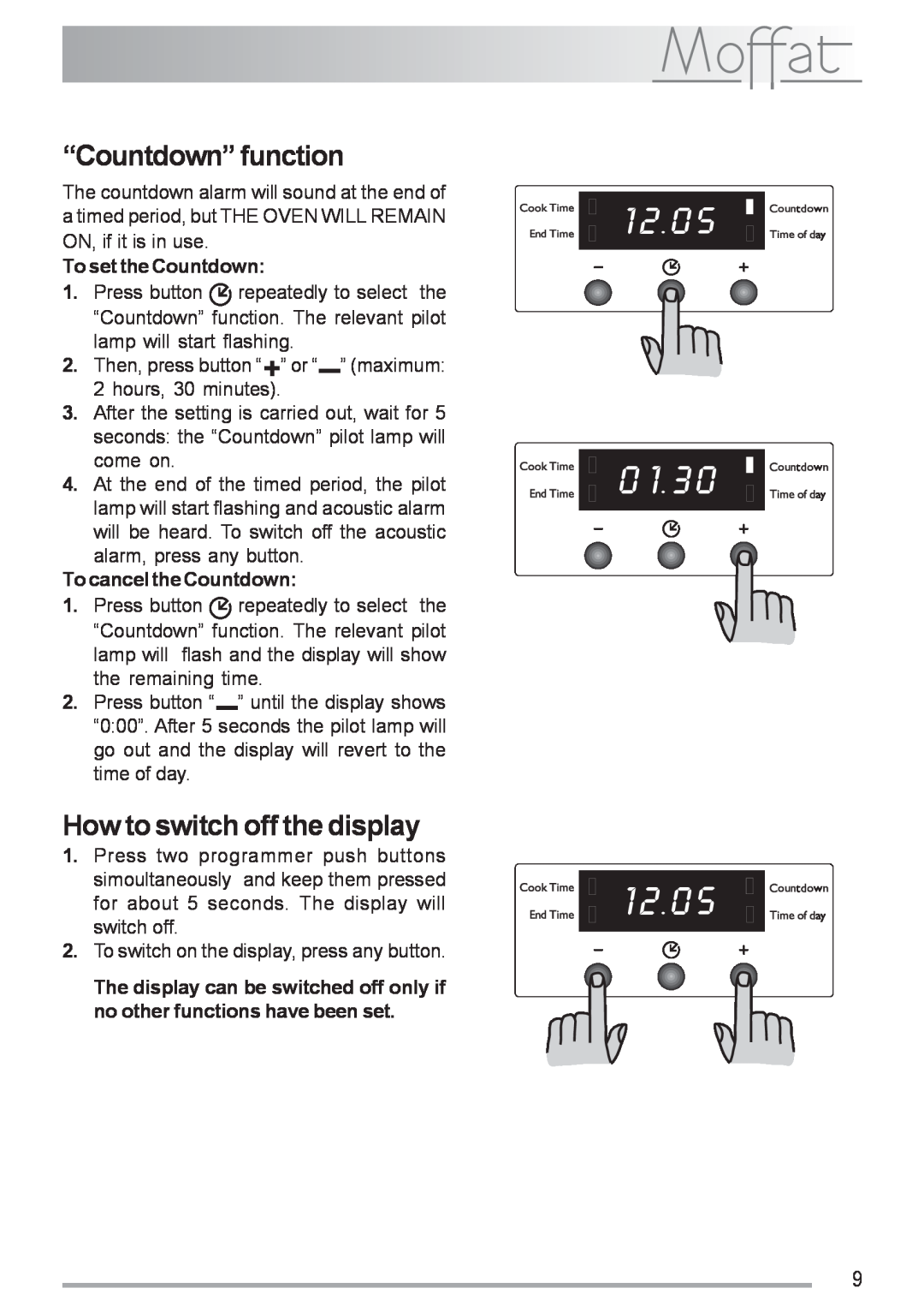 Moffat MSF 616 manual “Countdown” function, How to switch off the display, To set the Countdown, To cancel the Countdown 
