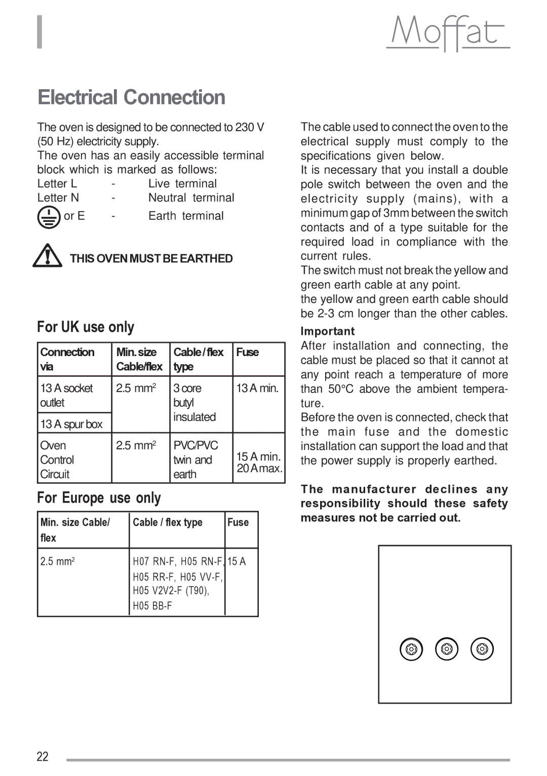 Moffat MSF 620 manual Electrical Connection, Connection Min.size, Fuse, Via, Type 