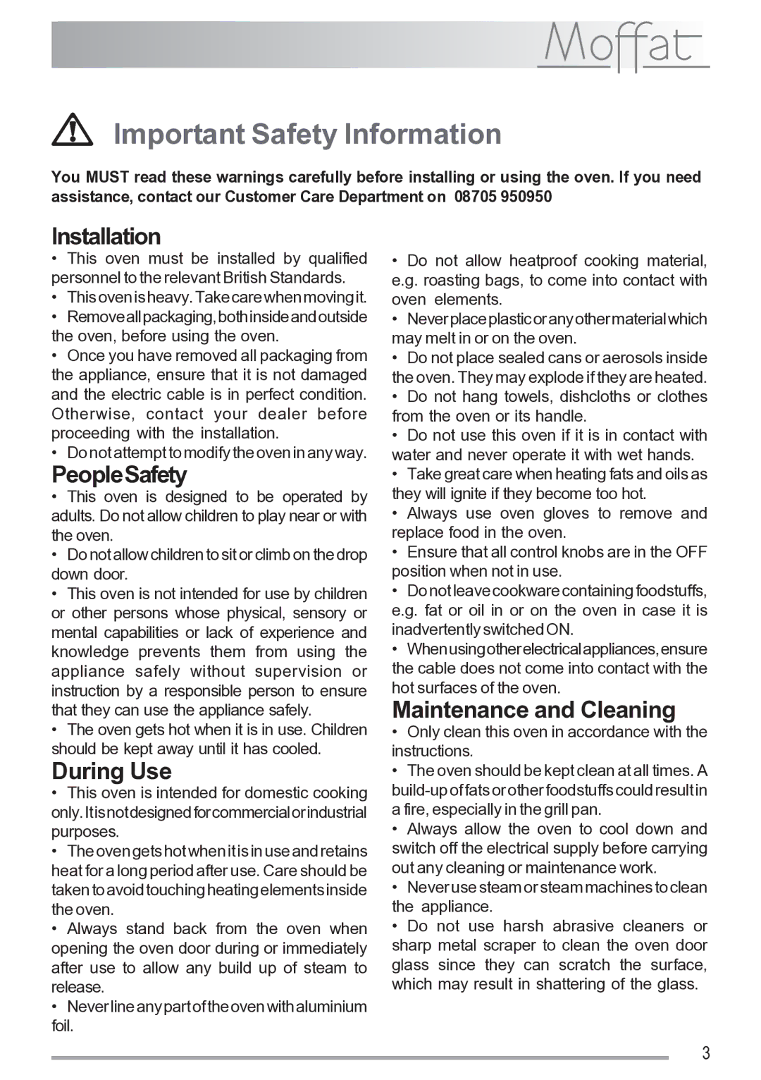 Moffat MSF 620 manual Important Safety Information, Installation, PeopleSafety, During Use, Maintenance and Cleaning 