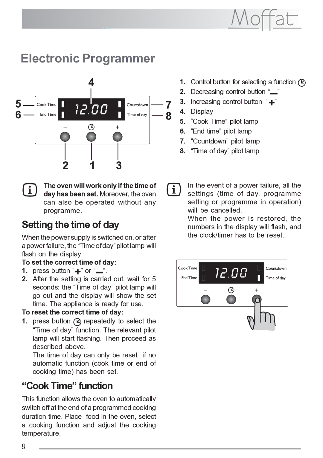 Moffat MSF 620 manual Electronic Programmer, Setting the time of day, Cook Time function 