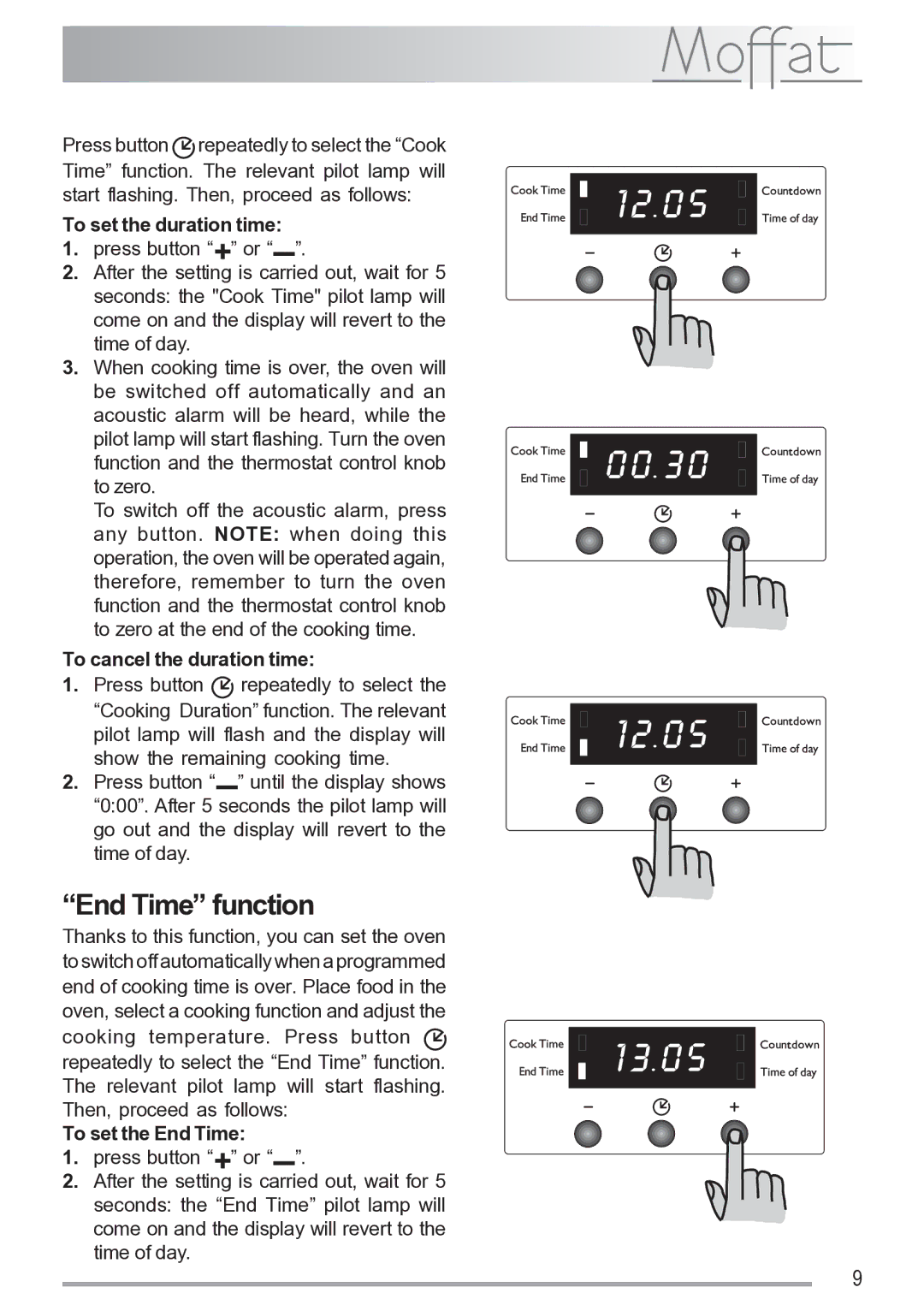 Moffat MSF 620 manual End Time function, To set the duration time, To cancel the duration time, To set the End Time 