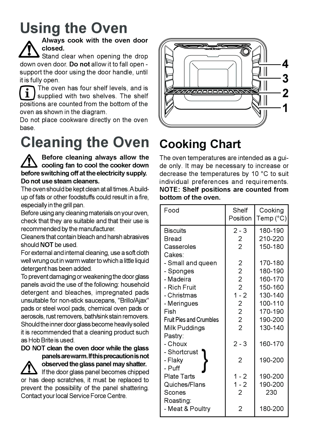 Moffat MSS 600 manual Using the Oven, Cleaning the Oven, Cooking Chart, Always cook with the oven door closed 