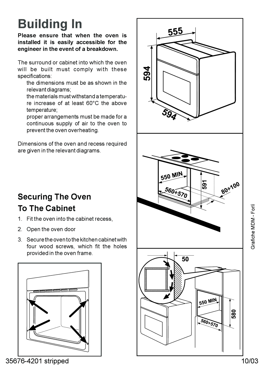 Moffat MSS 600 manual Building, Securing The Oven To The Cabinet 