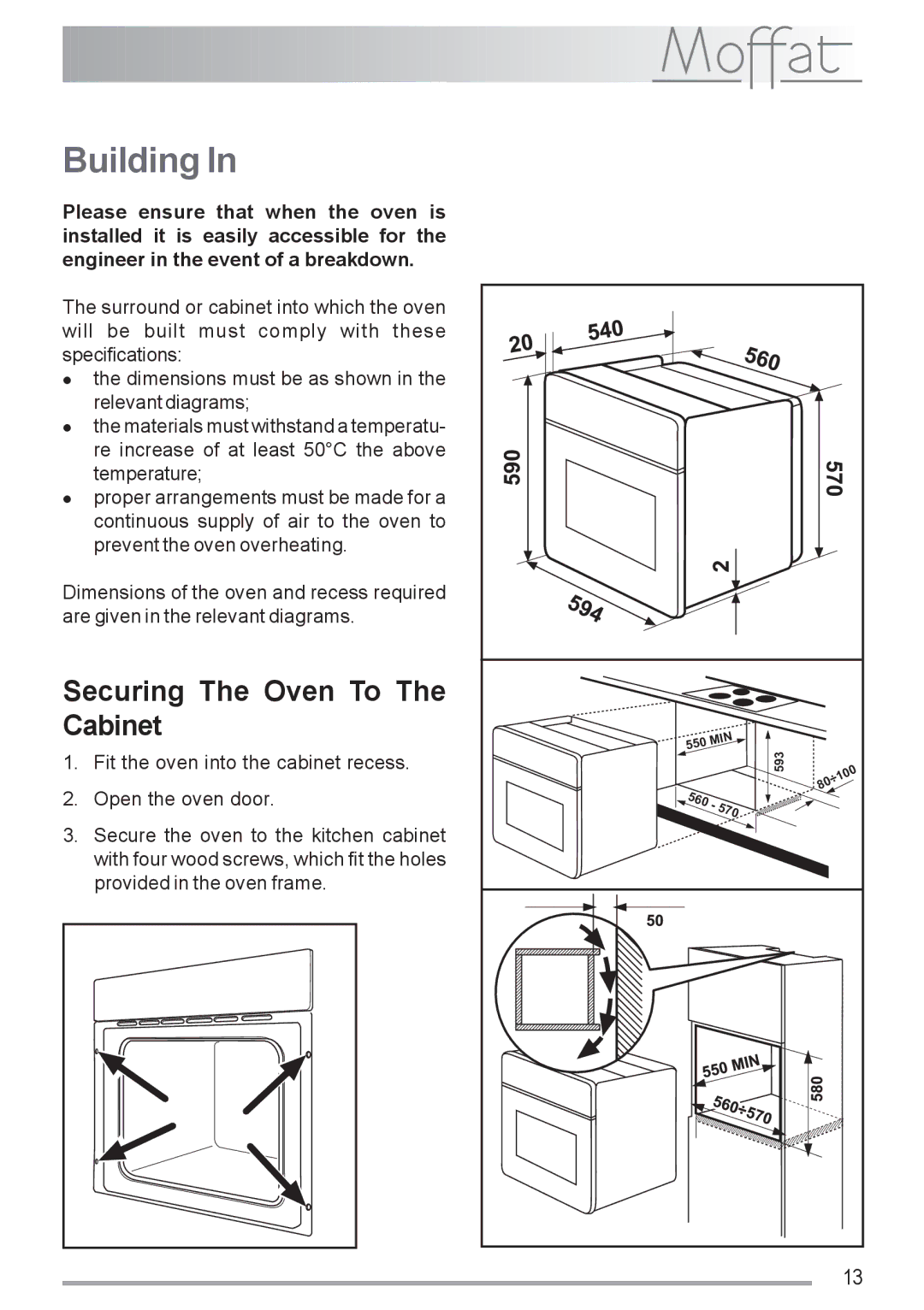 Moffat MSS 601 manual Building, Securing The Oven To The Cabinet 