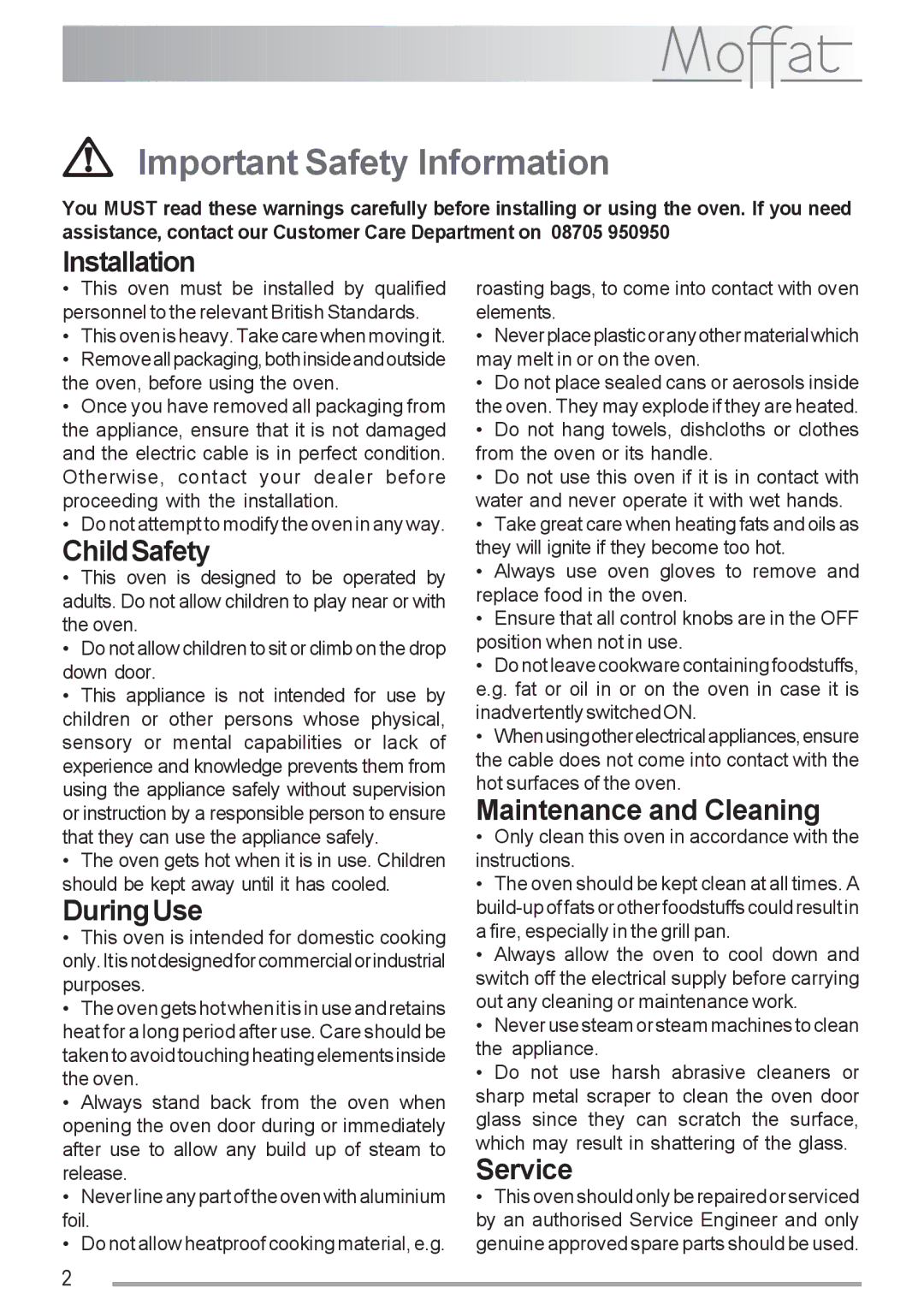 Moffat MSS 601 manual Important Safety Information 