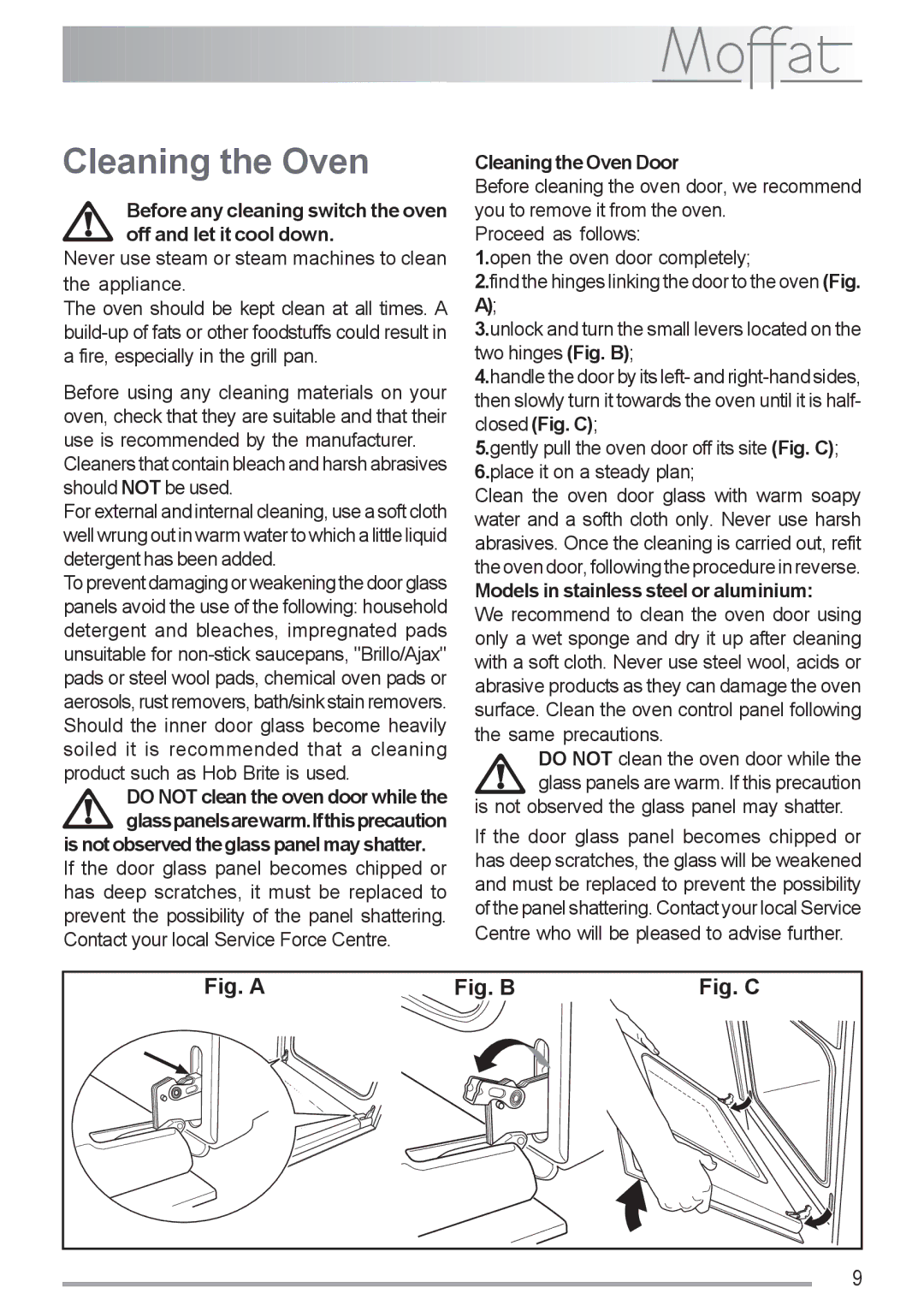 Moffat MSS 601 manual Cleaning the Oven Door, Models in stainless steel or aluminium 