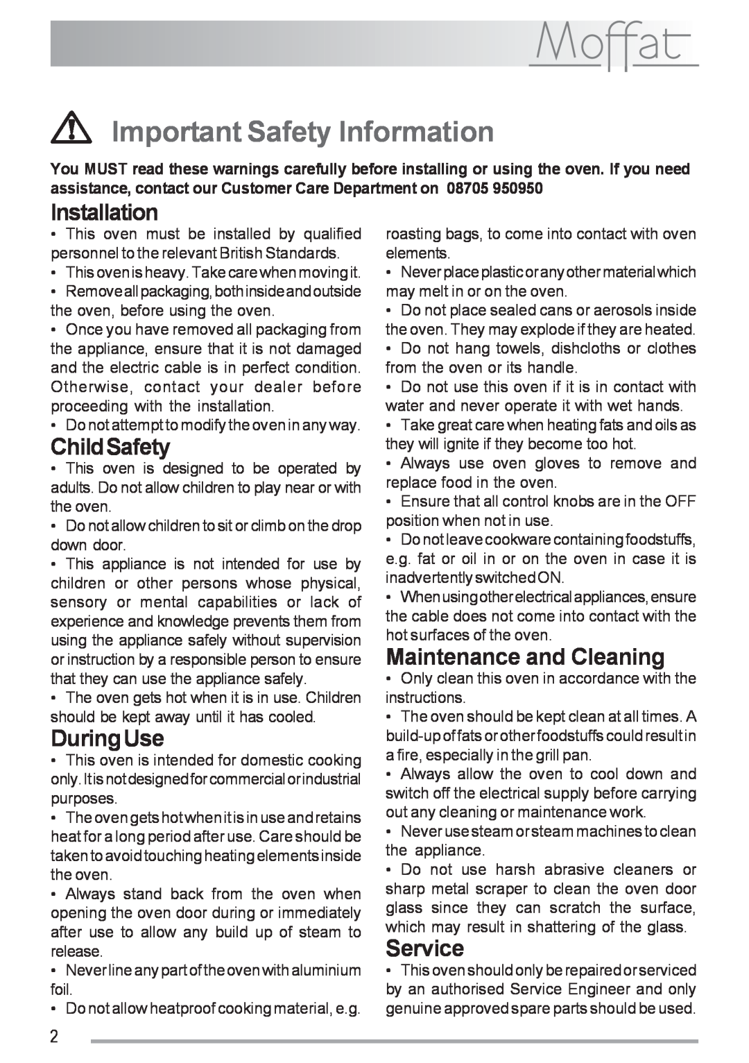 Moffat MSS 601 manual Important Safety Information, Installation, ChildSafety, DuringUse, Maintenance and Cleaning, Service 