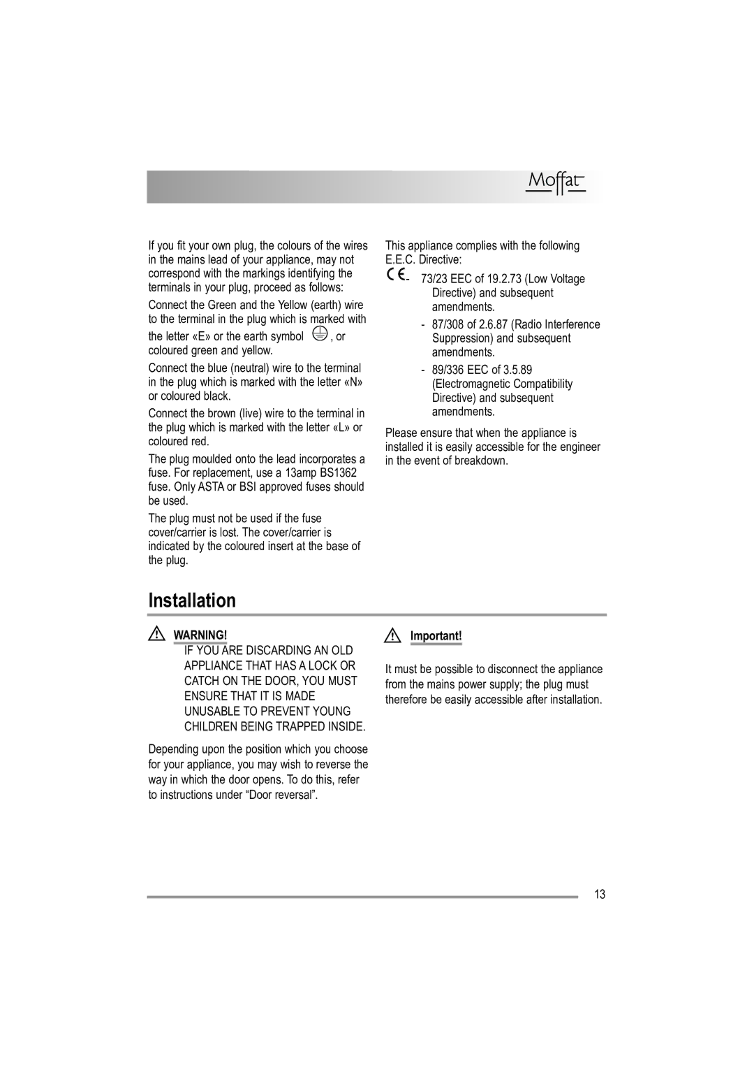 Moffat MUL 514 user manual Installation 