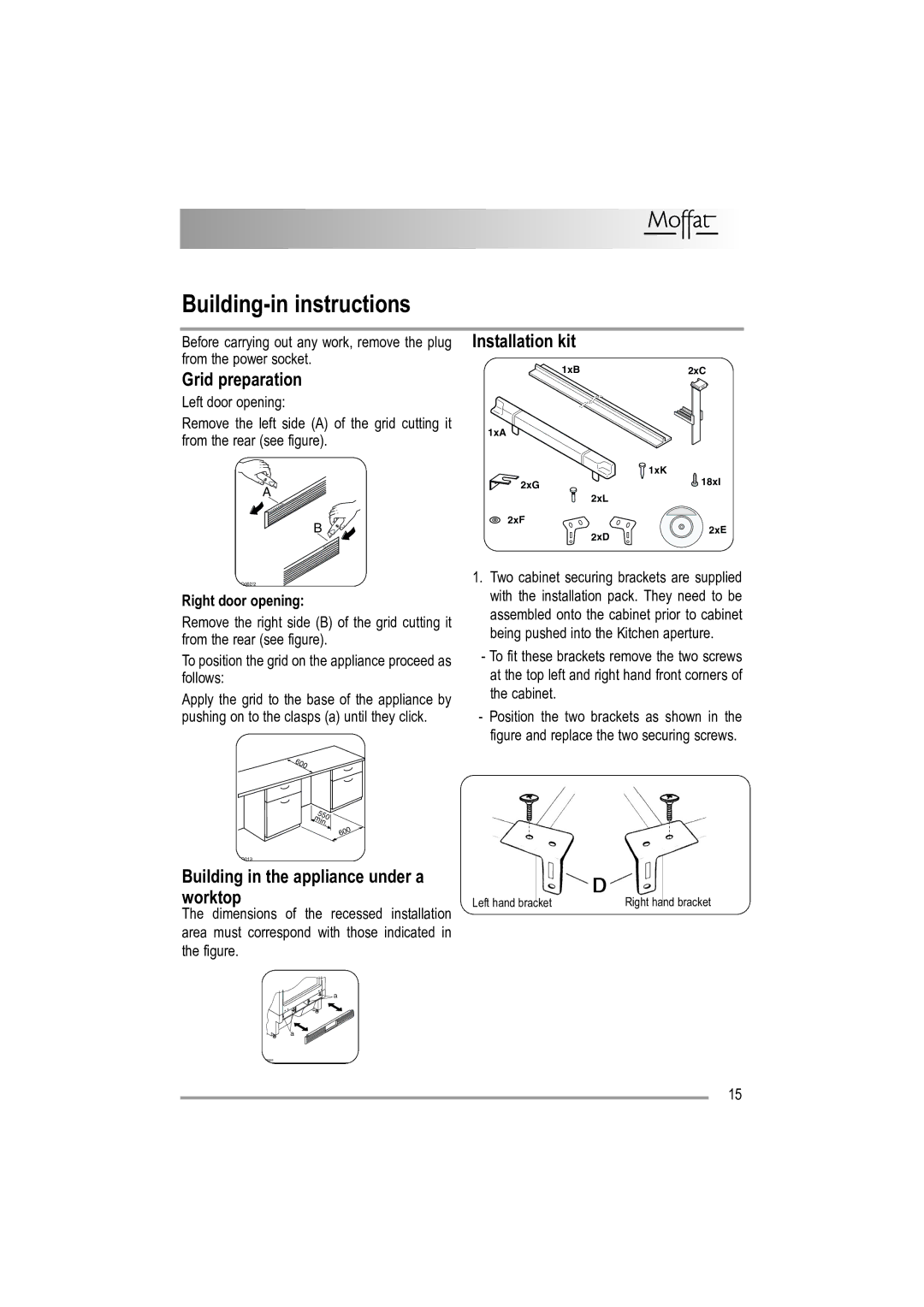 Moffat MUL 514 Building-in instructions, Grid preparation, Installation kit, Building in the appliance under a worktop 