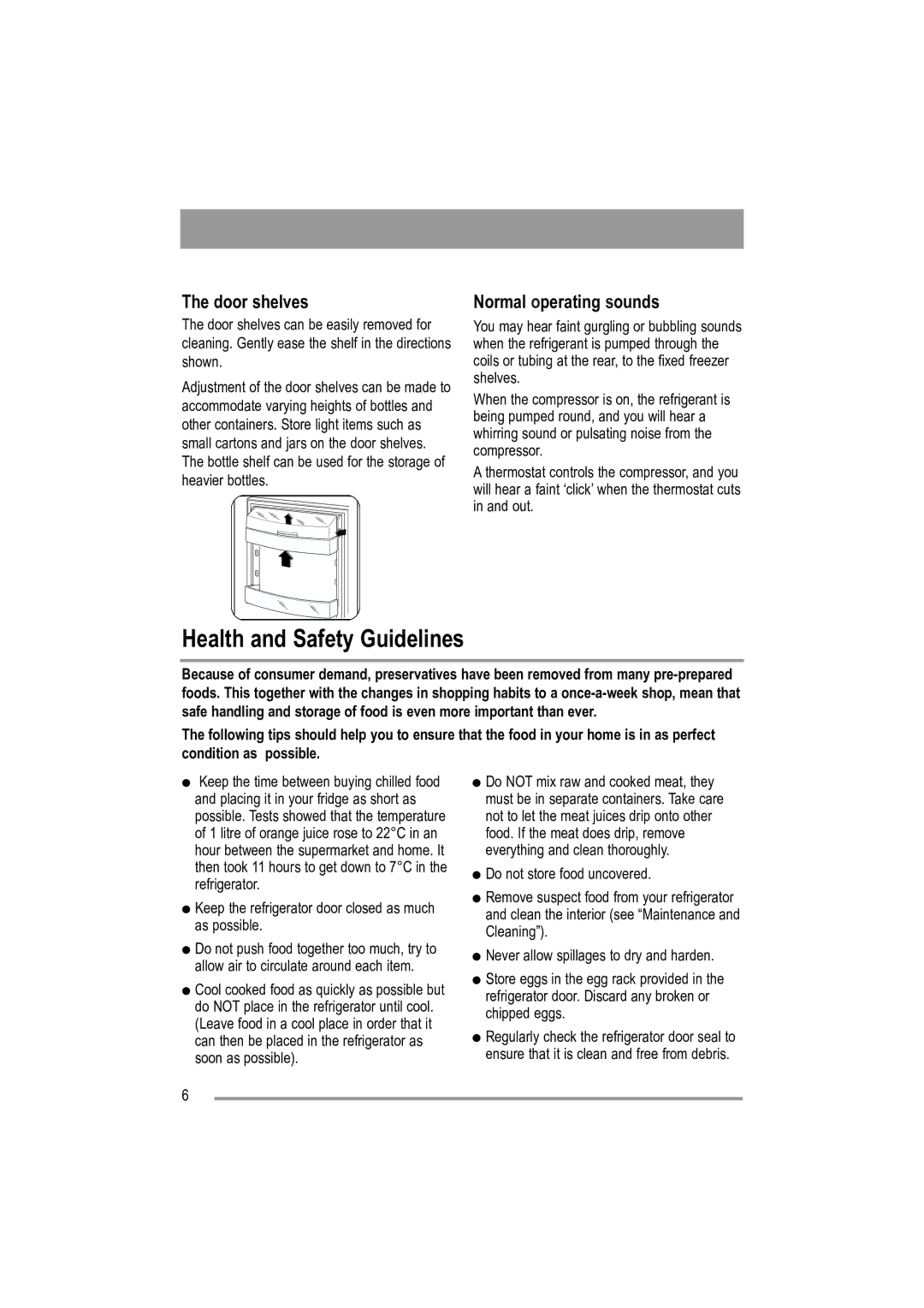 Moffat MUL 514 user manual Health and Safety Guidelines, Door shelves, Normal operating sounds 