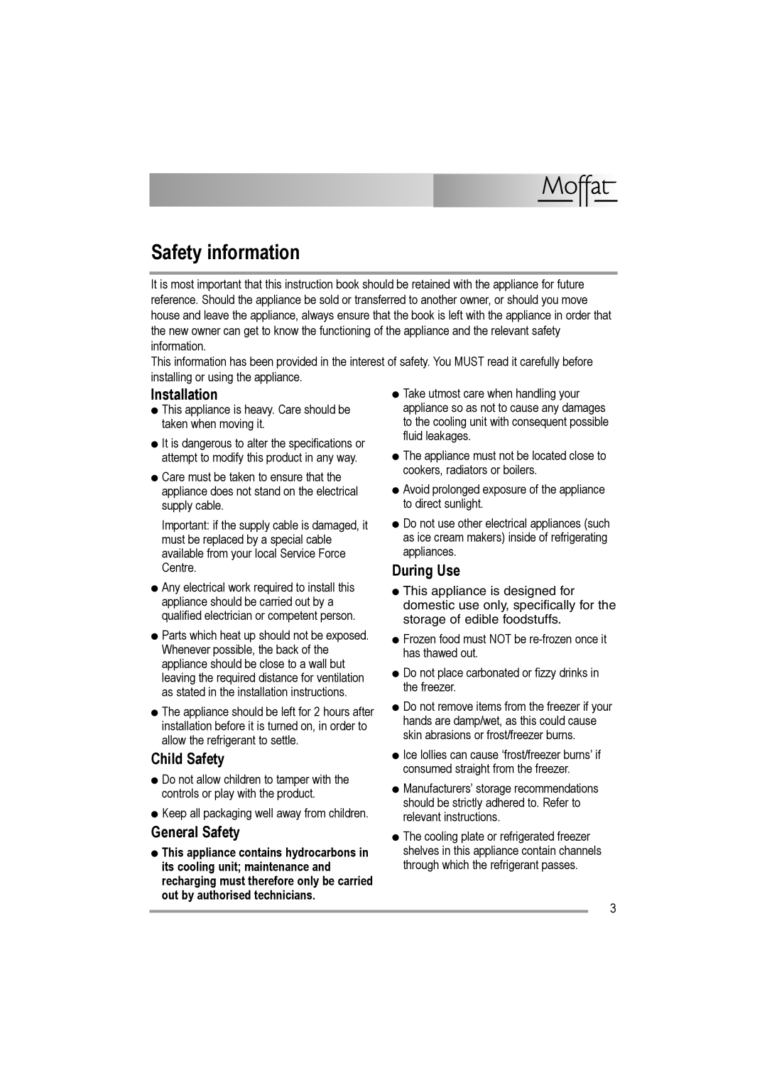 Moffat MUL 514 user manual Safety information, Installation, Child Safety, General Safety, During Use 