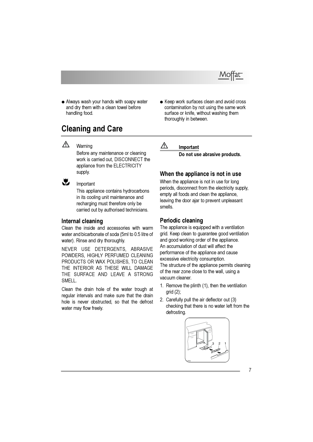 Moffat MUL 514 user manual Cleaning and Care, When the appliance is not in use, Internal cleaning, Periodic cleaning 