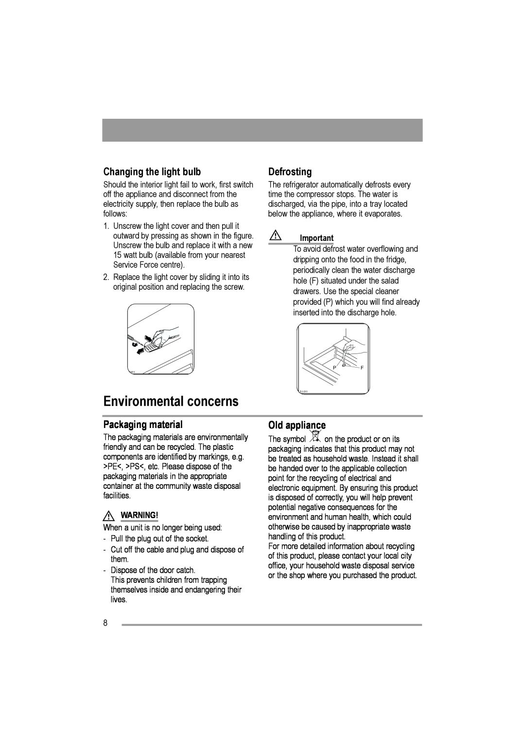 Moffat MUL 514 user manual Environmental concerns, Changing the light bulb, Defrosting, Packaging material, Old appliance 