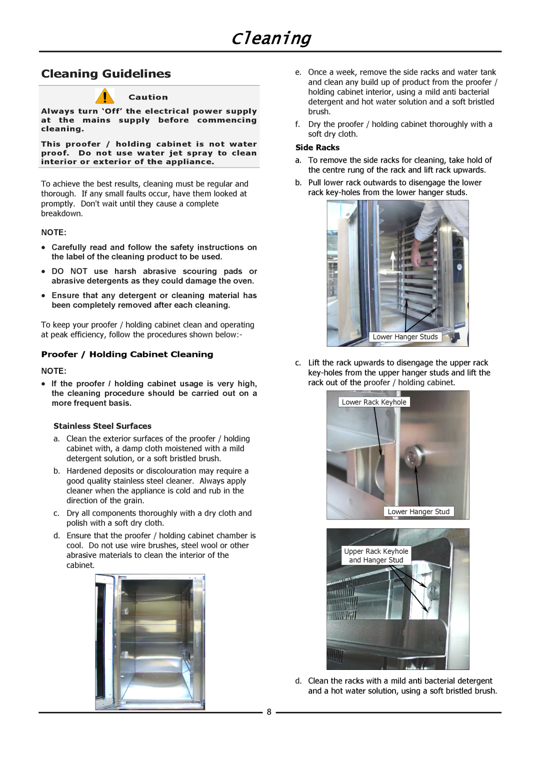 Moffat P8M, P12M operation manual Proofer / Holding Cabinet Cleaning, Stainless Steel Surfaces, Side Racks 