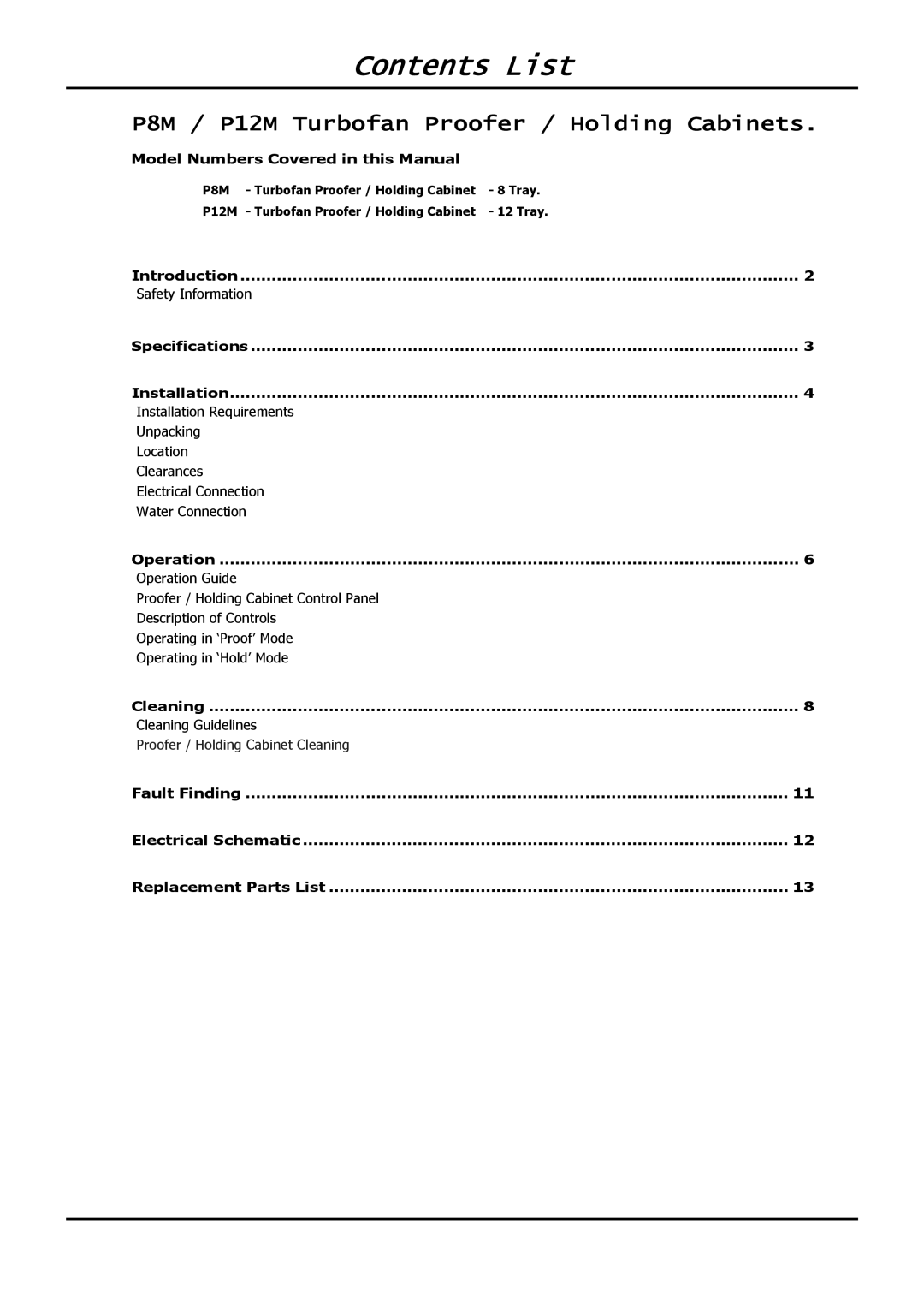 Moffat P12M, P8M operation manual Contents List 