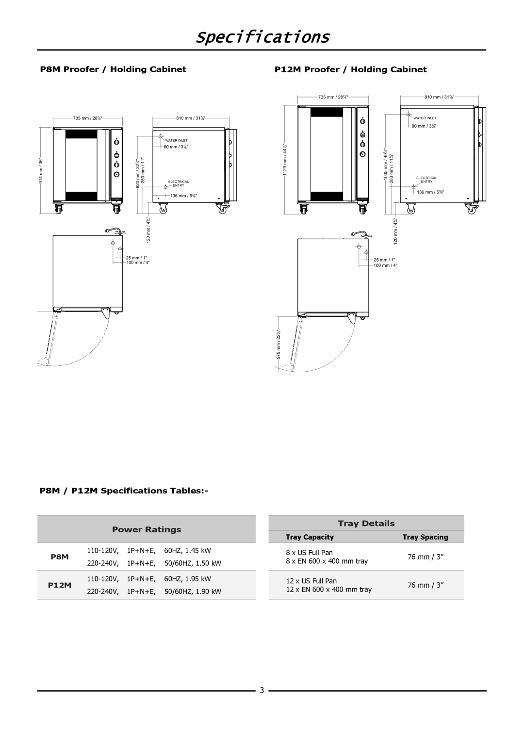 Moffat P12M, P8M operation manual Specifications, Power Ratings, Tray Details 