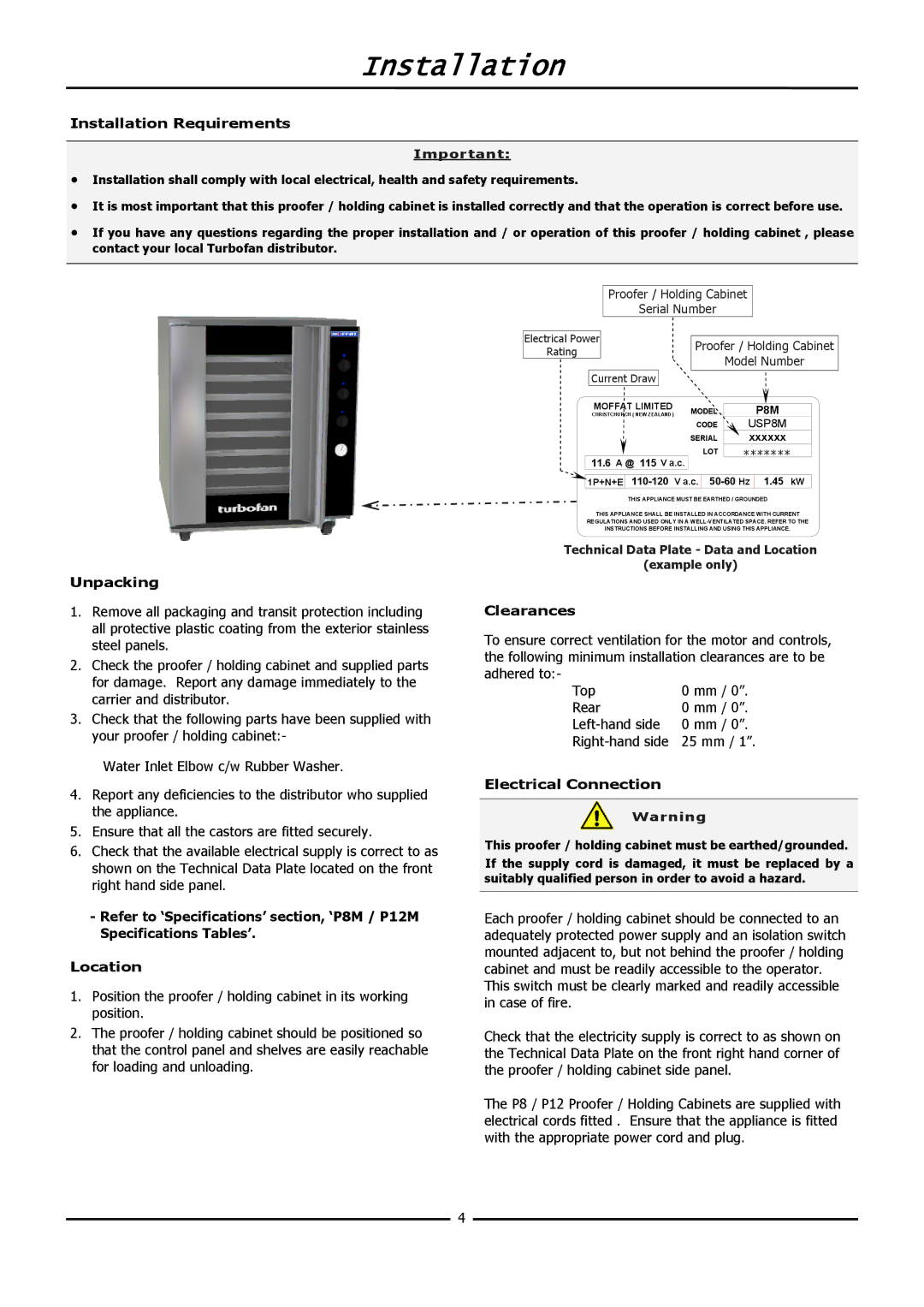 Moffat P8M, P12M operation manual Installation Requirements, Unpacking, Clearances, Electrical Connection 