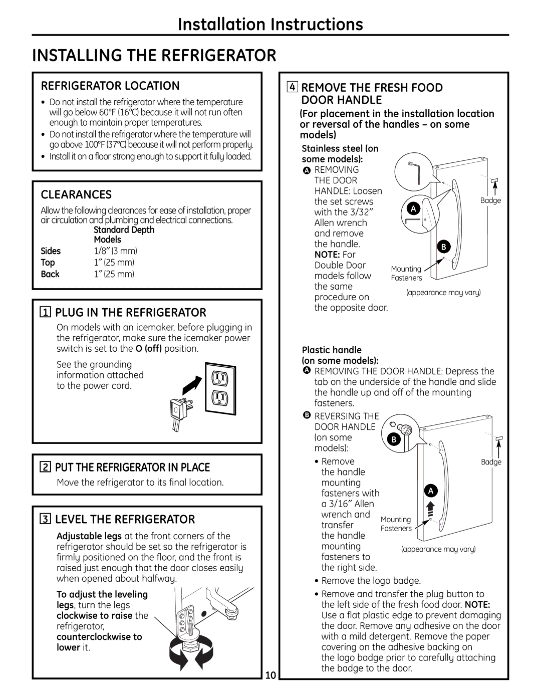 Moffat PFSS6SKXSS Refrigerator Location, Clearances, Plug in the Refrigerator, PUT the Refrigerator in Place 