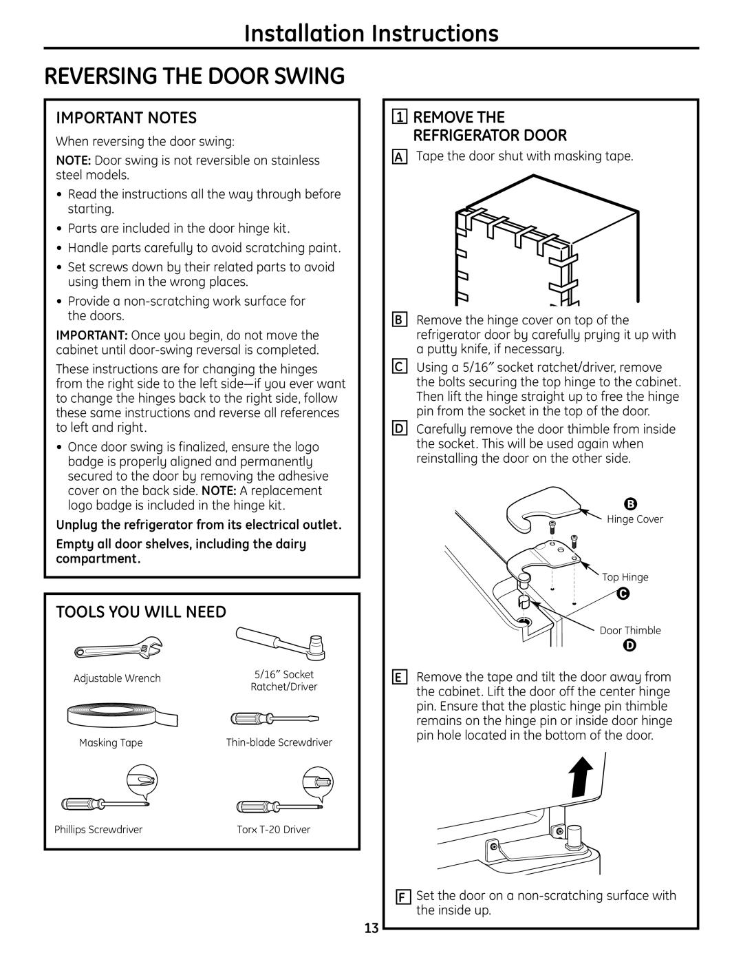 Moffat PFSS6SKXSS operating instructions Important Notes, Tools YOU will Need, Remove the Refrigerator Door 