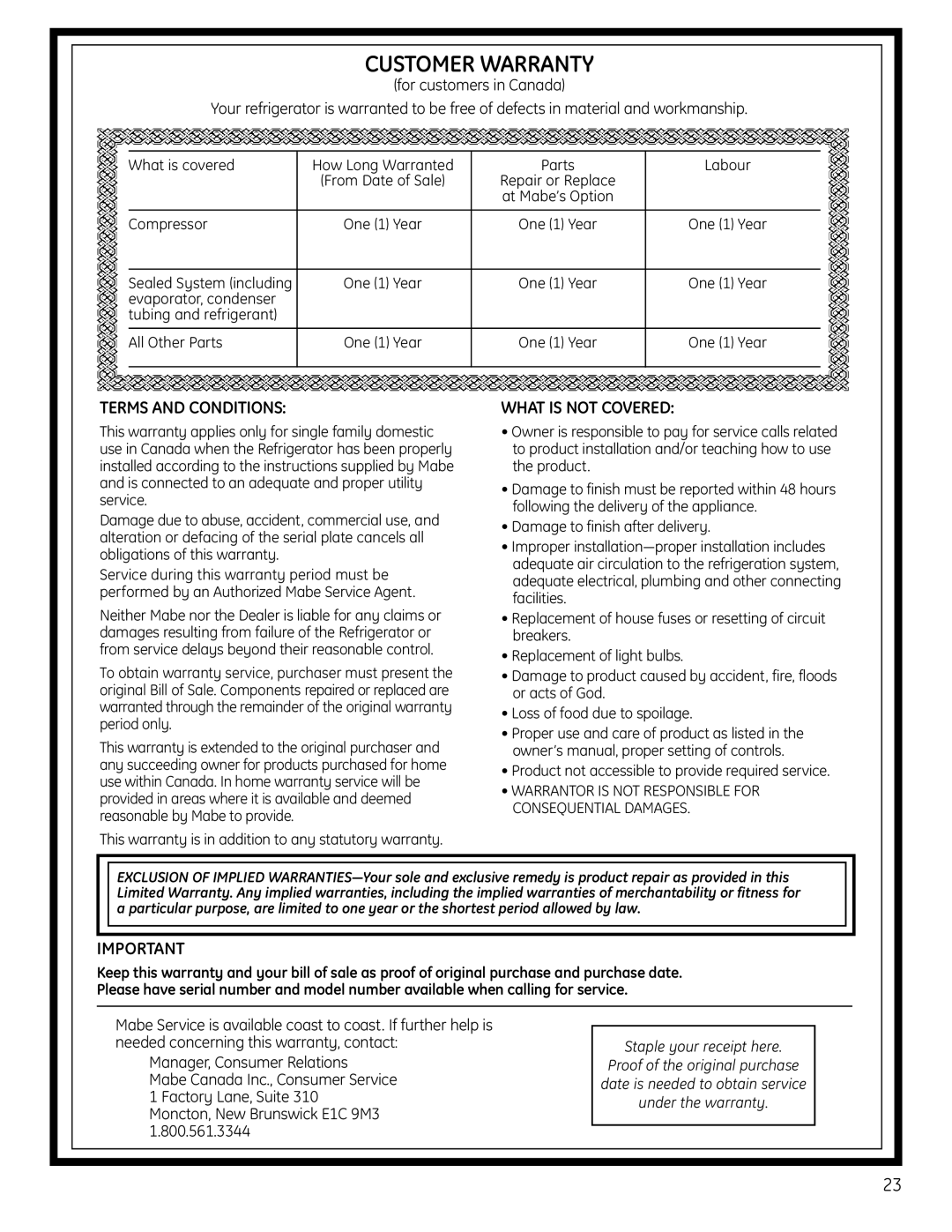 Moffat PFSS6SKXSS Terms and Conditions, What is not Covered, What is covered How Long Warranted Parts Labour 