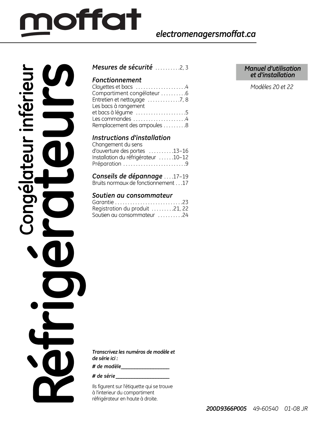 Moffat PFSS6SKXSS Mesures de sécurité . . . . . . . . . .2, Changement du sens, Ils figurent sur l’étiquette qui se trouve 