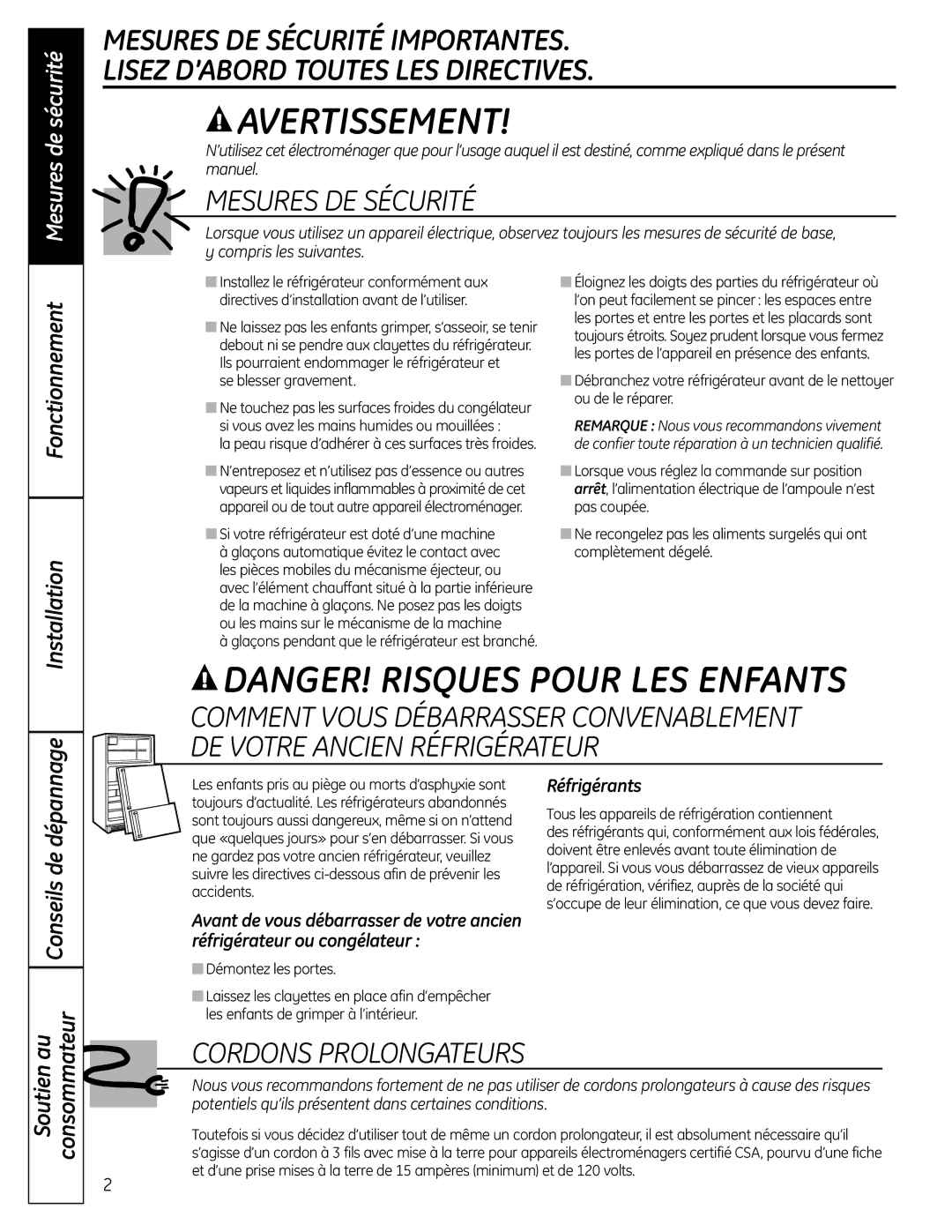 Moffat PFSS6SKXSS Réfrigérants, Se blesser gravement, Tous les appareils de réfrigération contiennent, Démontez les portes 