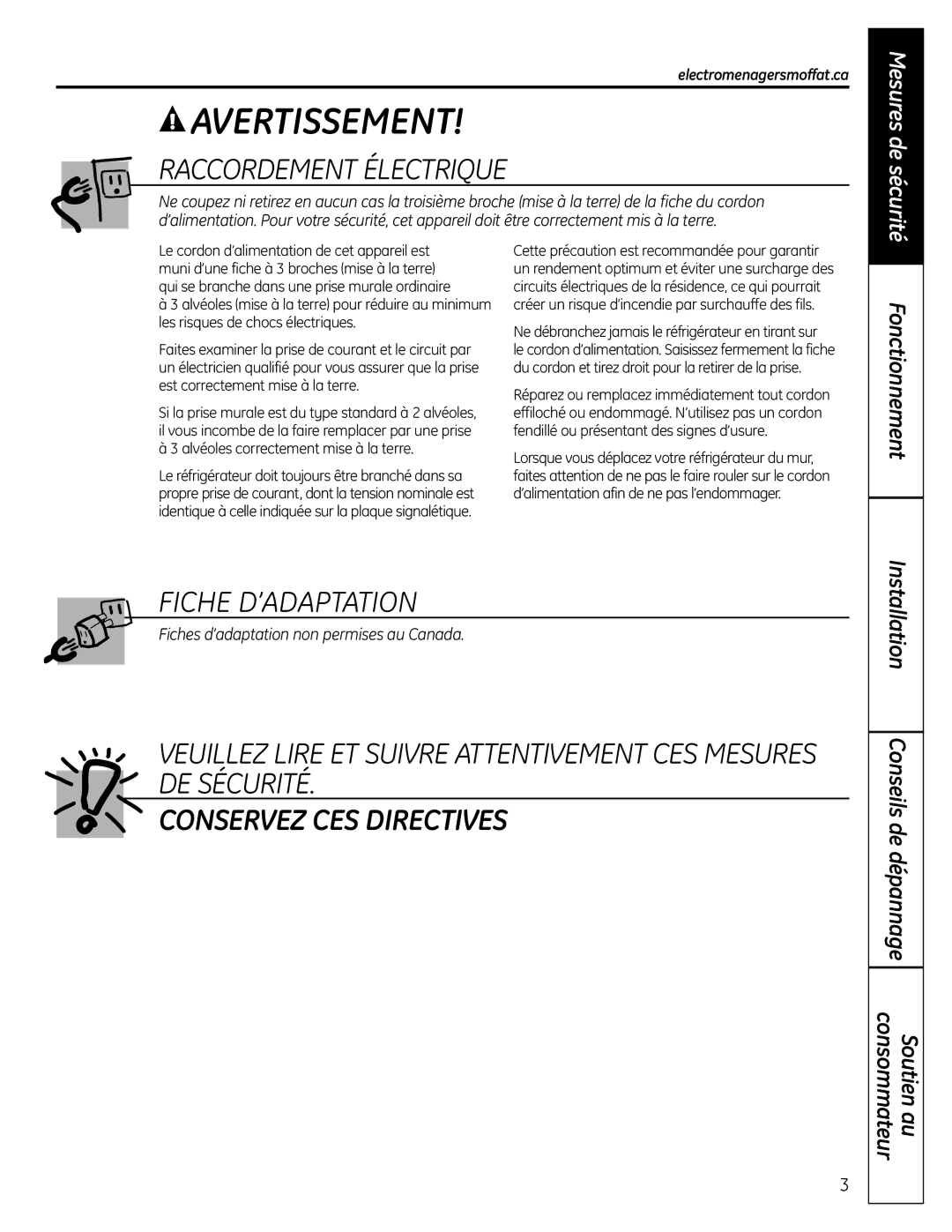 Moffat PFSS6SKXSS operating instructions Raccordement Électrique, Electromenagersmoffat.ca 