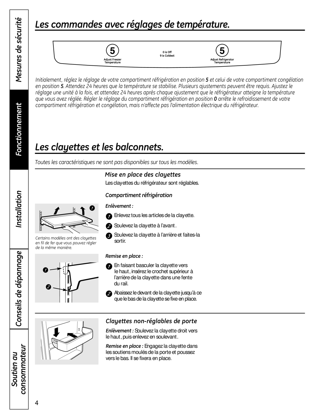 Moffat PFSS6SKXSS Les commandes avec réglages de température, Les clayettes et les balconnets, Mise en place des clayettes 