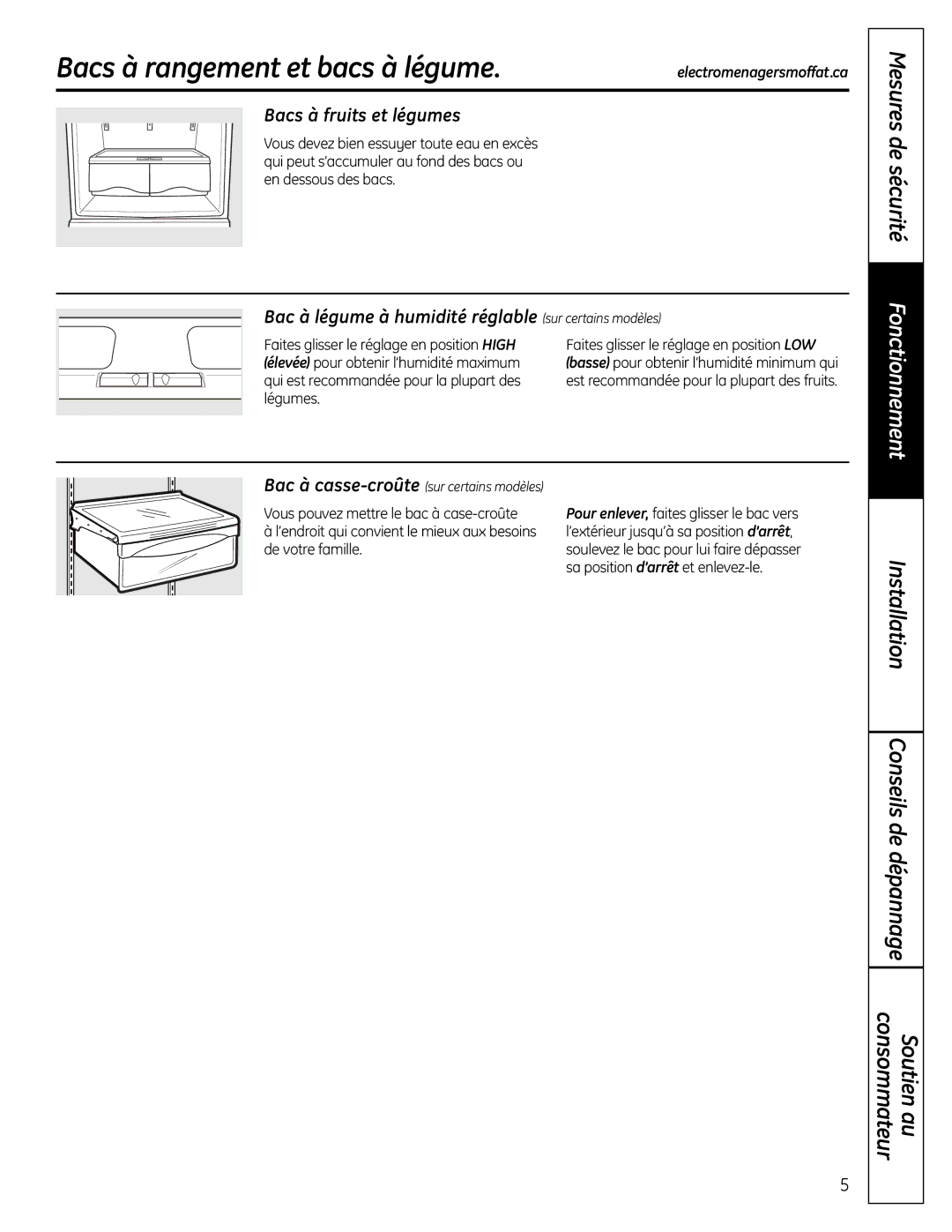 Moffat PFSS6SKXSS operating instructions Bacs à rangement et bacs à légume, Bacs à fruits et légumes 