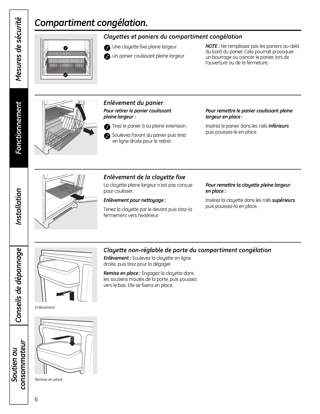 Moffat PFSS6SKXSS Compartiment congélation, Clayettes et paniers du compartiment congélation, Enlèvement du panier 