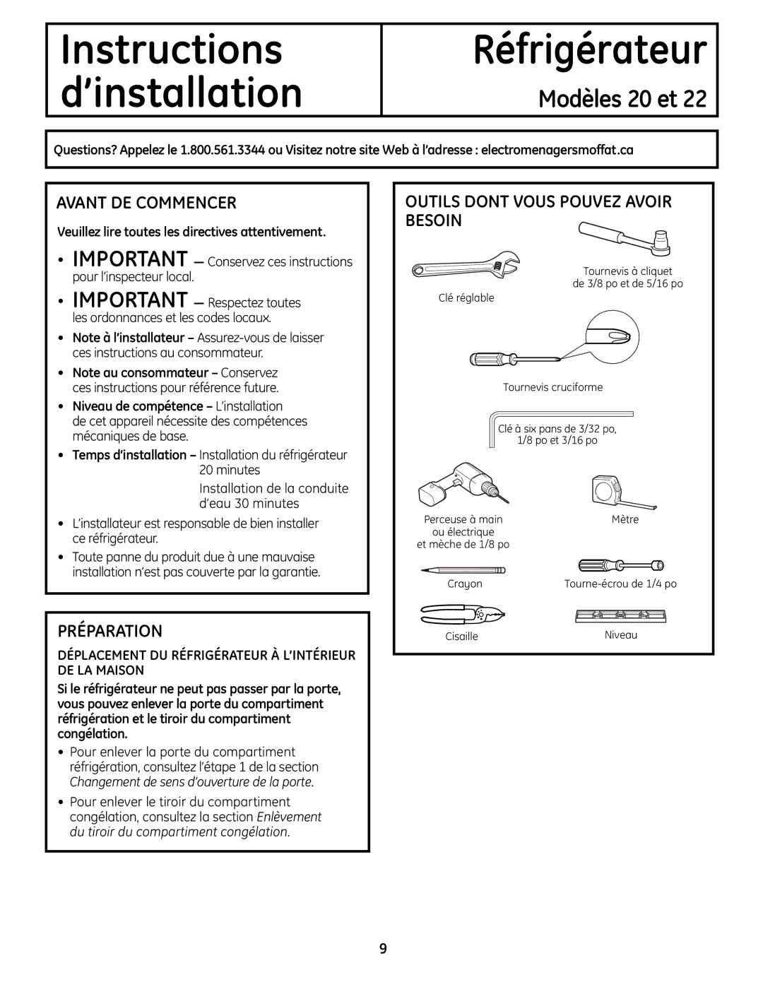 Moffat PFSS6SKXSS operating instructions Avant DE Commencer, Préparation, Outils Dont Vous Pouvez Avoir Besoin 