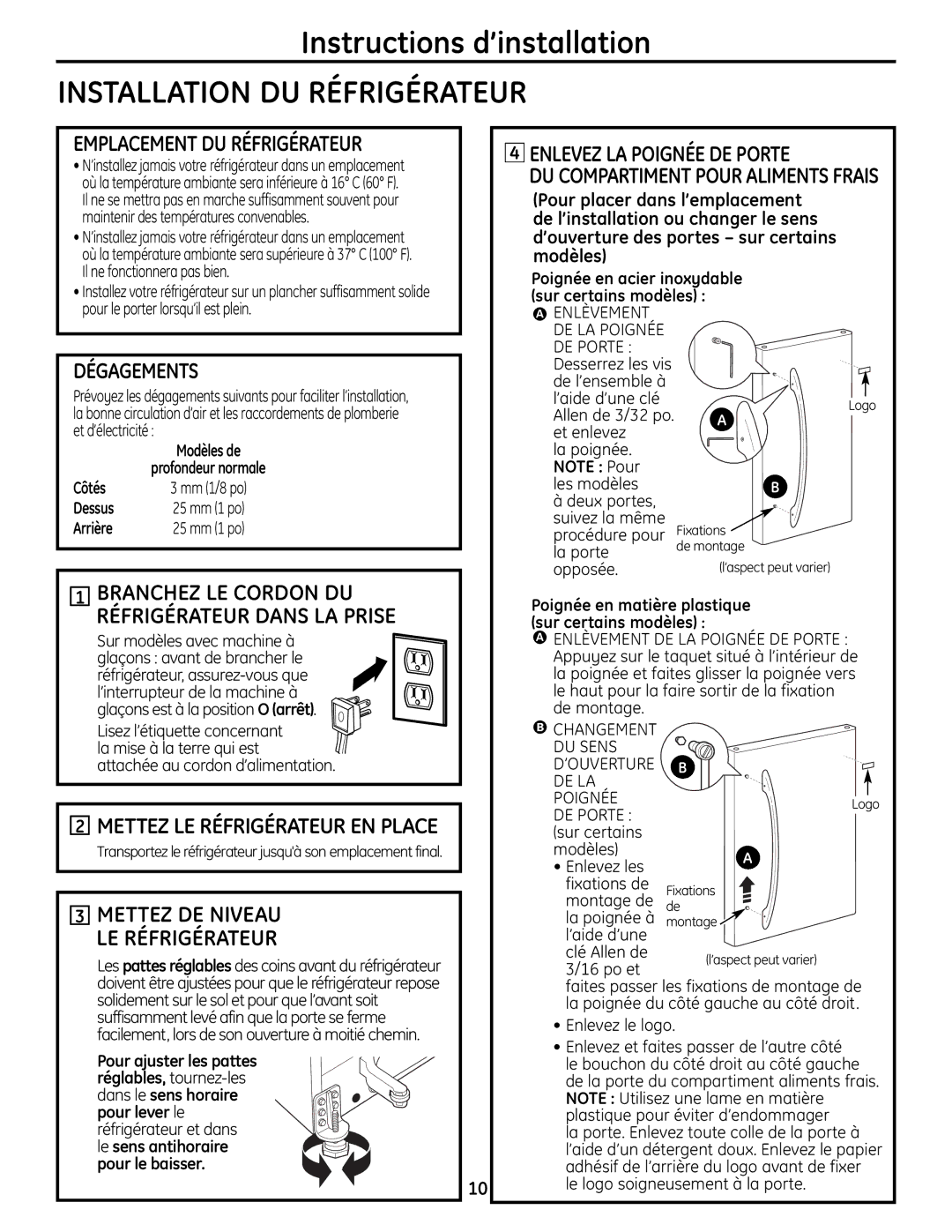 Moffat PFSS6SKXSS operating instructions Dégagements, Enlevez LA Poignée DE Porte, Emplacement DU Réfrigérateur 