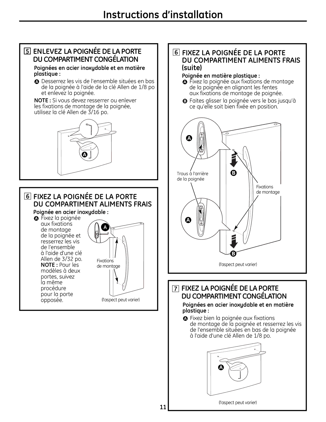 Moffat PFSS6SKXSS operating instructions Fixez LA Poignée DE LA Porte, DU Compartiment Aliments Frais 