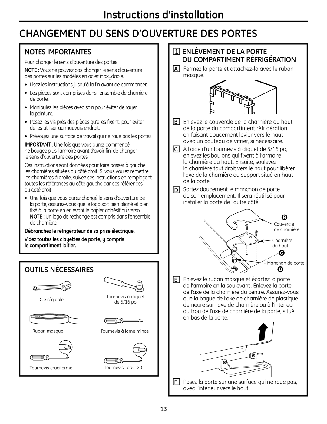 Moffat PFSS6SKXSS operating instructions Outils Nécessaires, Enlèvement DE LA Porte DU Compartiment Réfrigération 