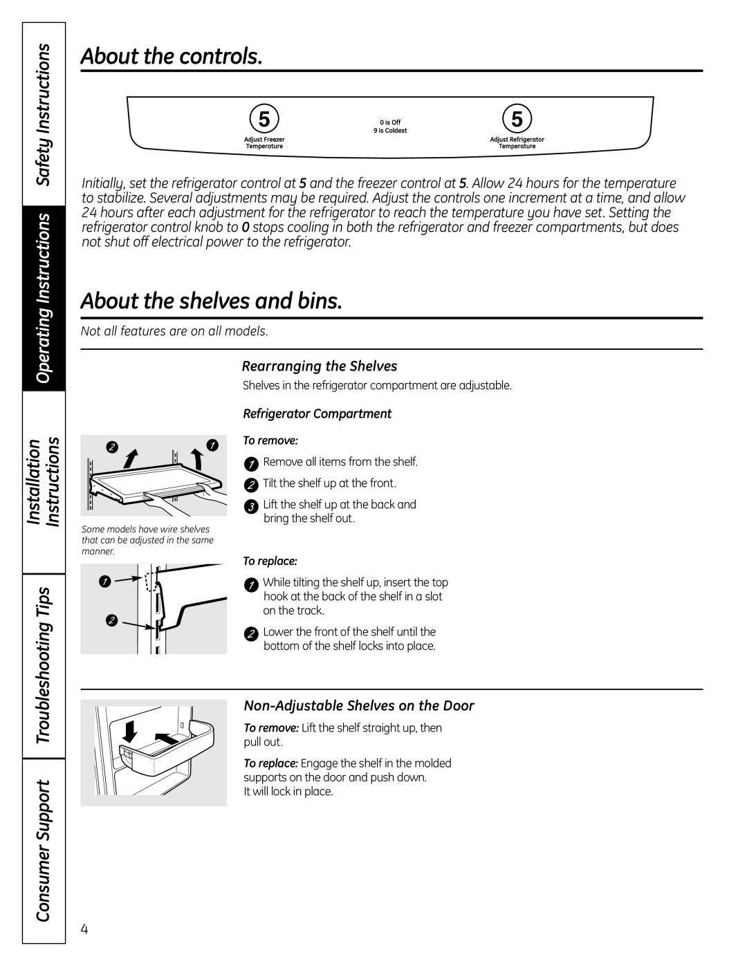 Moffat PFSS6SKXSS About the controls, About the shelves and bins, Rearranging the Shelves, Refrigerator Compartment 