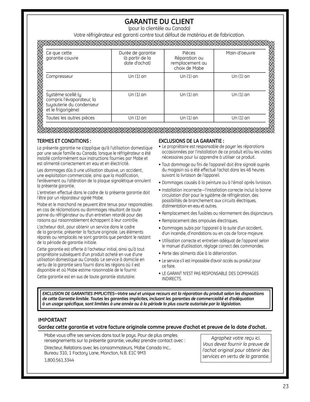 Moffat PFSS6SKXSS operating instructions Termes ET Conditions, Exclusions DE LA Garantie 