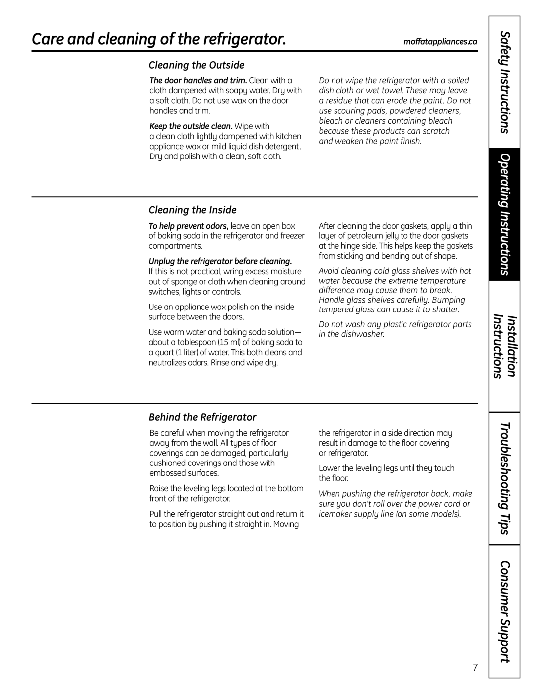 Moffat PFSS6SKXSS operating instructions Care and cleaning of the refrigerator, Cleaning the Outside, Cleaning the Inside 