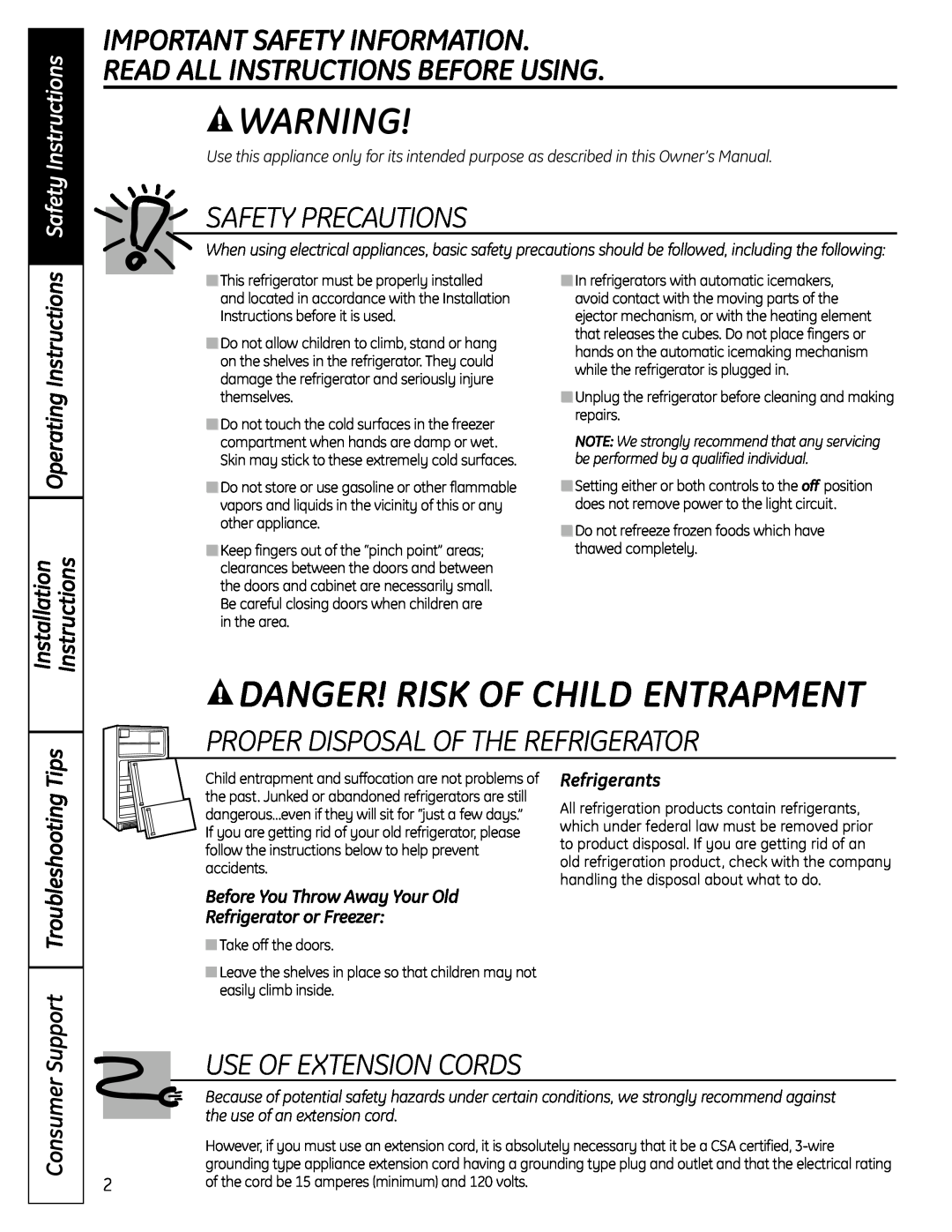 Moffat PFSS6SKXSS Danger! Risk Of Child Entrapment, Important Safety Information, Read All Instructions Before Using 
