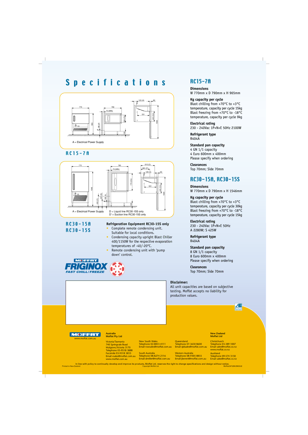 Moffat RC15-7A, RC30-15A manual Refrigeration Equipment RC30-15S only, Disclaimer, Australia New Zealand 