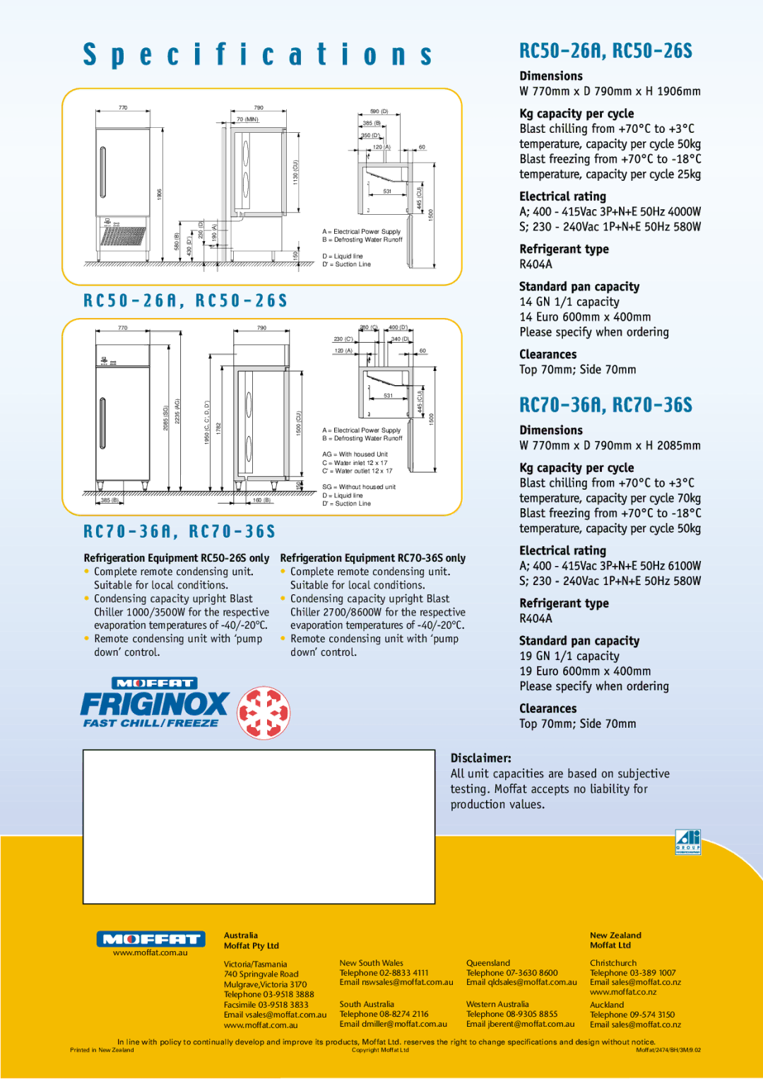 Moffat RC50-26A, RC50-26S, RC70-36A manual Disclaimer, Refrigeration Equipment RC70-36S only, Australia New Zealand 