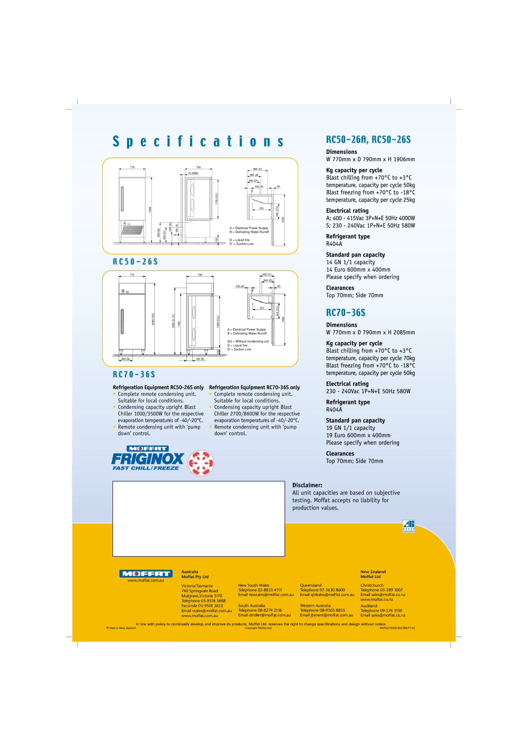 Moffat RC50-26 manual Disclaimer, Refrigeration Equipment RC70-36S only, Australia New Zealand 