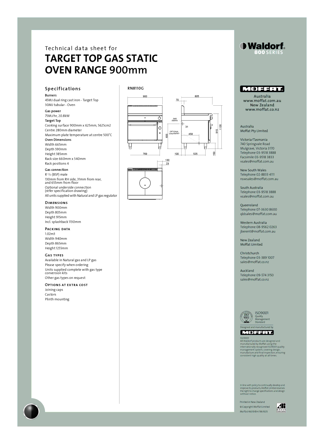 Moffat RN8110G manual Sp e cif ications, Dimensions, Packing data, Gas types, Options at extra cost 