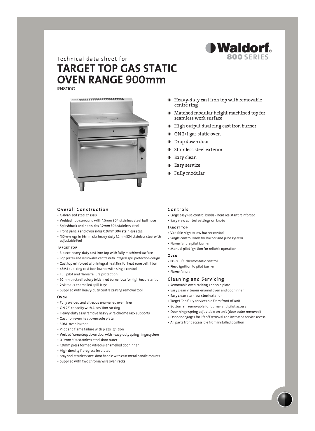 Moffat RN8110G manual Technical data sheet for, Overall Construction, Controls, Cleaning and Ser vicing, Target top, Oven 
